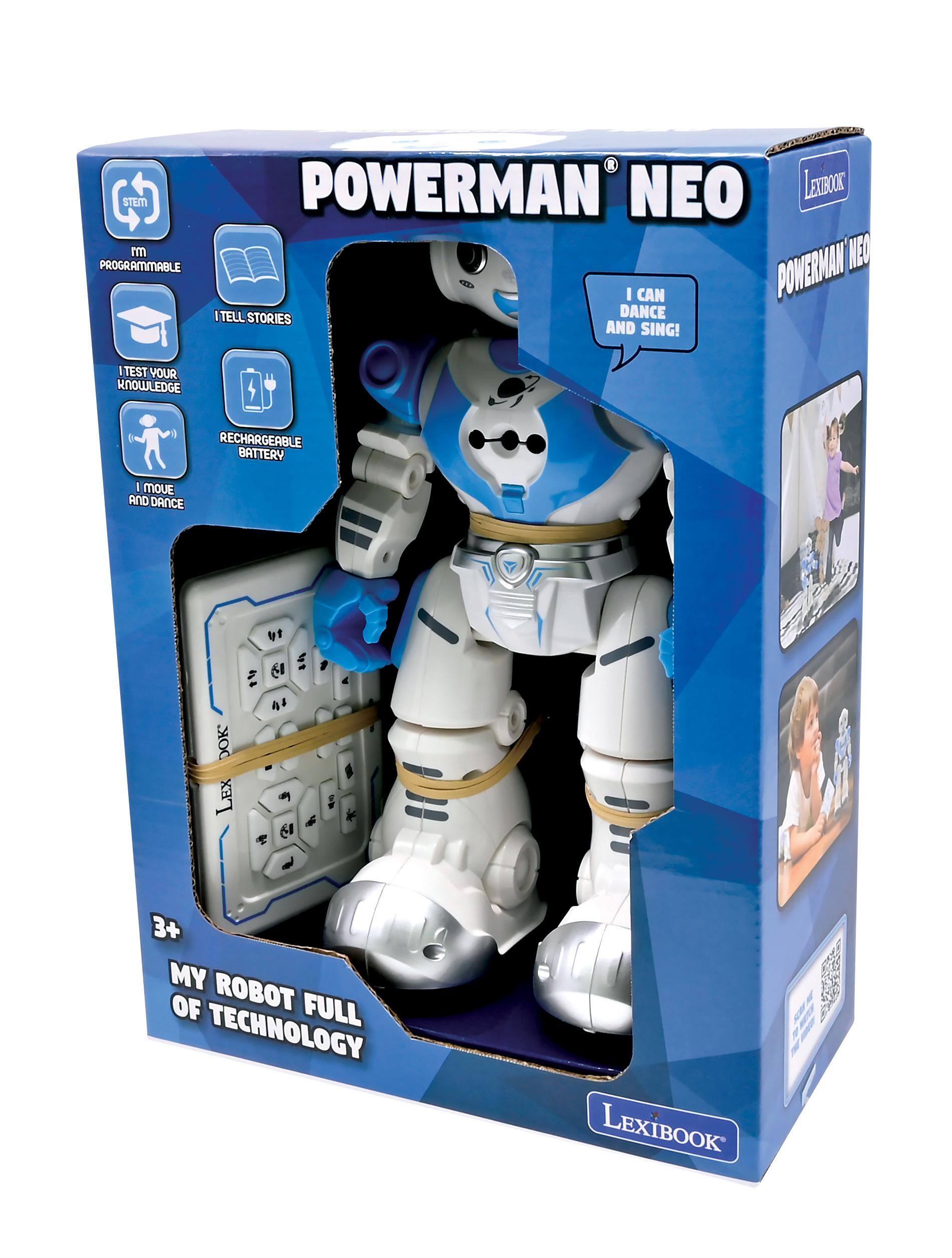 POWERMAN NEO  
STEM PROGRAMMABLE  
I CAN TELL STORIES, DANCE AND SING!  
TEST YOUR KNOWLEDGE  
RECHARGEABLE BATTERY  
I MOVE AND DANCE  
MY ROBOT FULL OF TECHNOLOGY  
3+  
LEXIBOOK