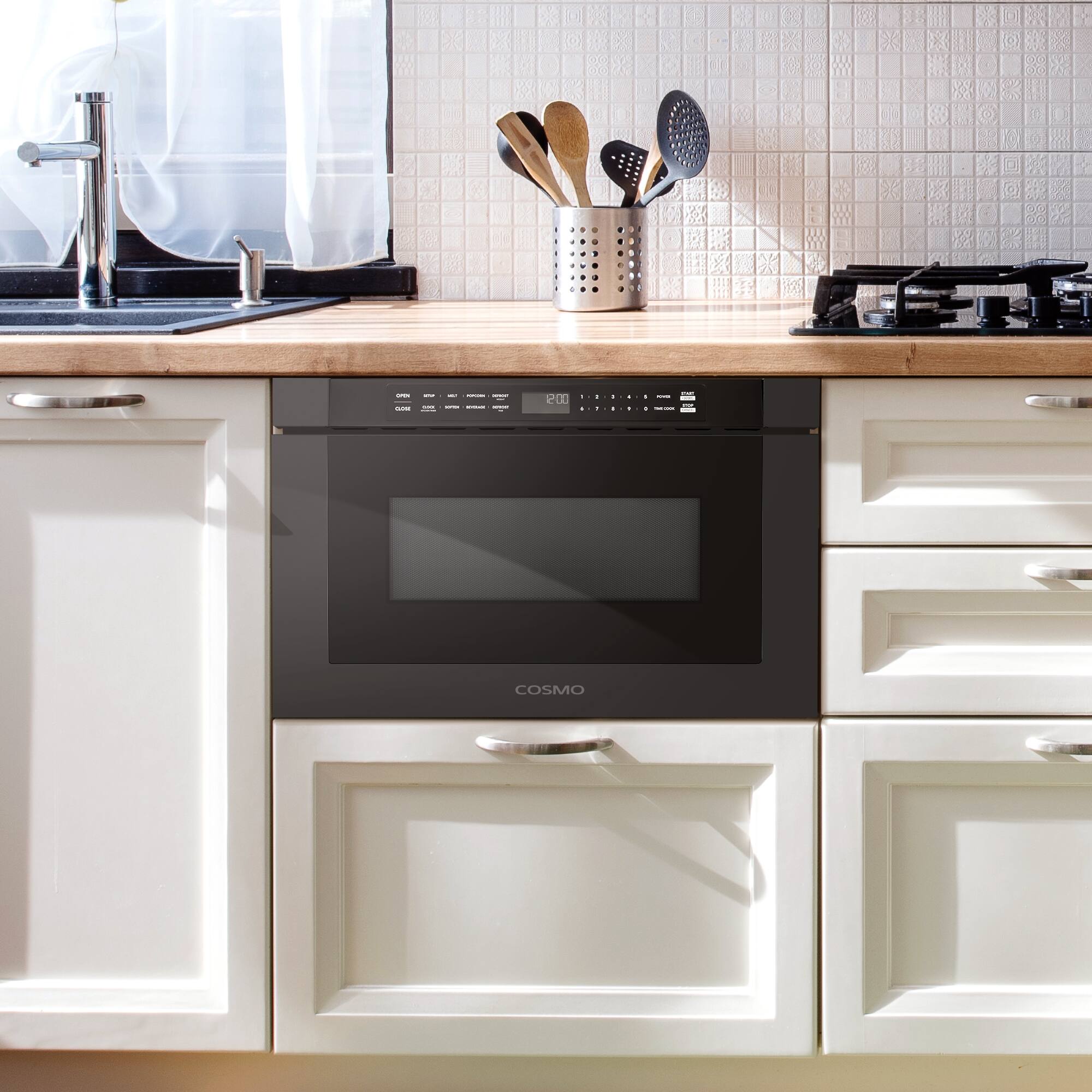 Angle. COSMO - COS-12MWDBK-NH 24 in. Haven Collection 1.2 cu. ft. Built-in Microwave Drawer, 1000W, Touch Controls, Defrosting Rack - Matte Black.