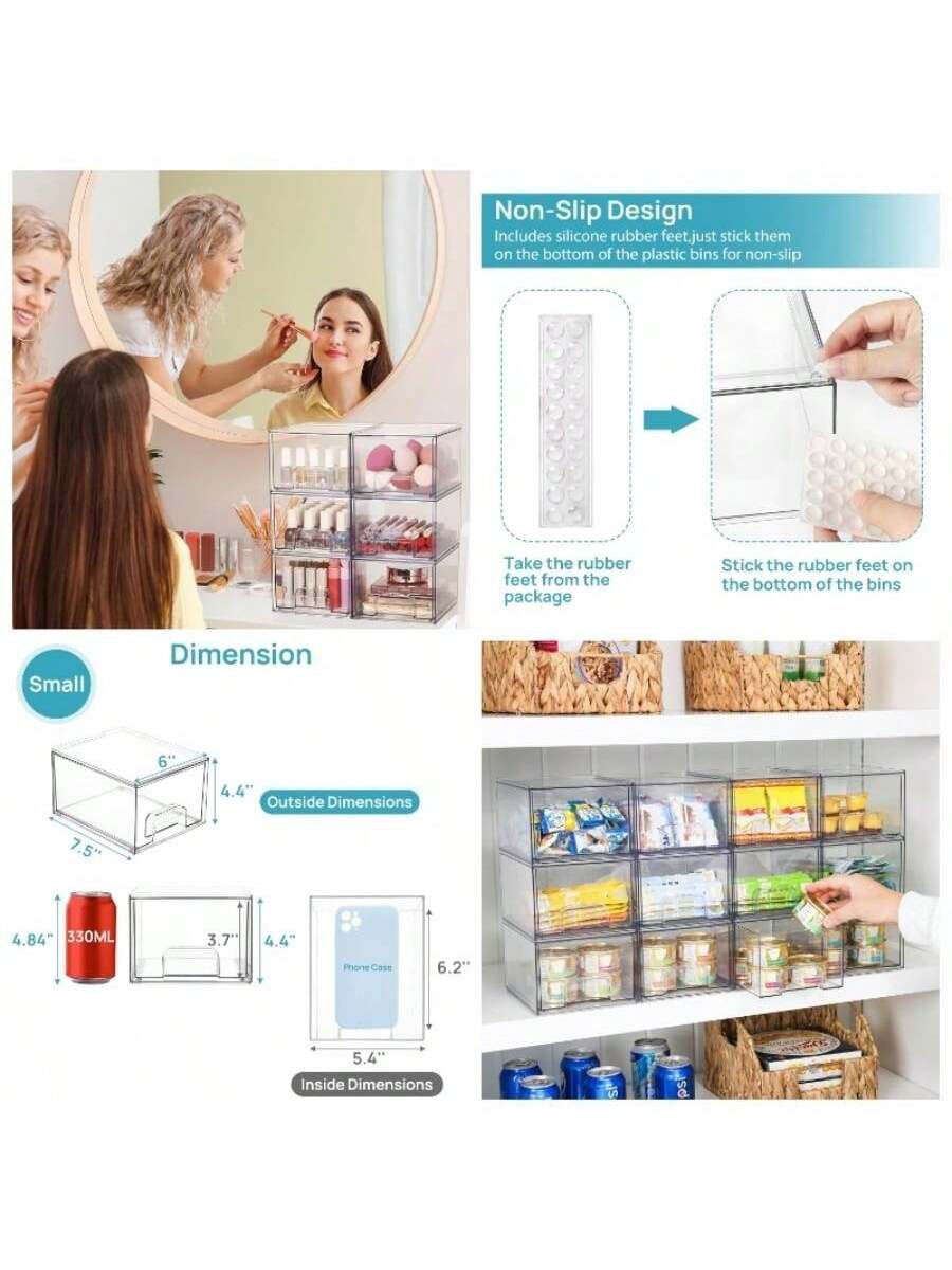 Non-Slip Design  
Includes silicone rubber feet. Just stick them on the bottom of the plastic bins for non-slip.

Take the rubber feet from the package.

Stick the rubber feet on the bottom of the bins.

Dimension

Small

Outside Dimensions  
6" x 4.4" x 7.5"  
4.84" (330ML)

Inside Dimensions  
3.7" x 4.4"  
Phone Case 6.2" x 5.4"