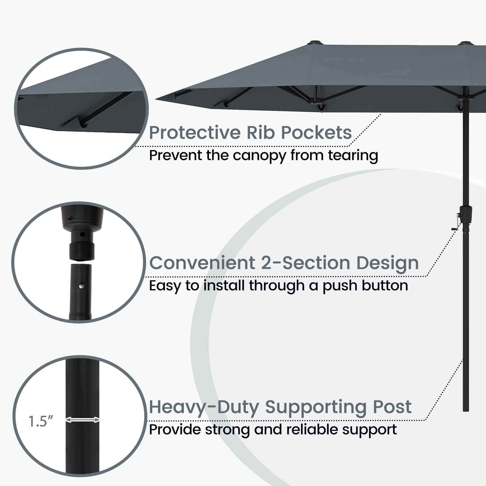 The image features an umbrella with a detailed description of its features. It has a protective rib pockets design to prevent the canopy from tearing, a convenient 2-section design for easy installation, and a heavy-duty supporting post for strong and reliable support. The umbrella also has a push button for easy installation.