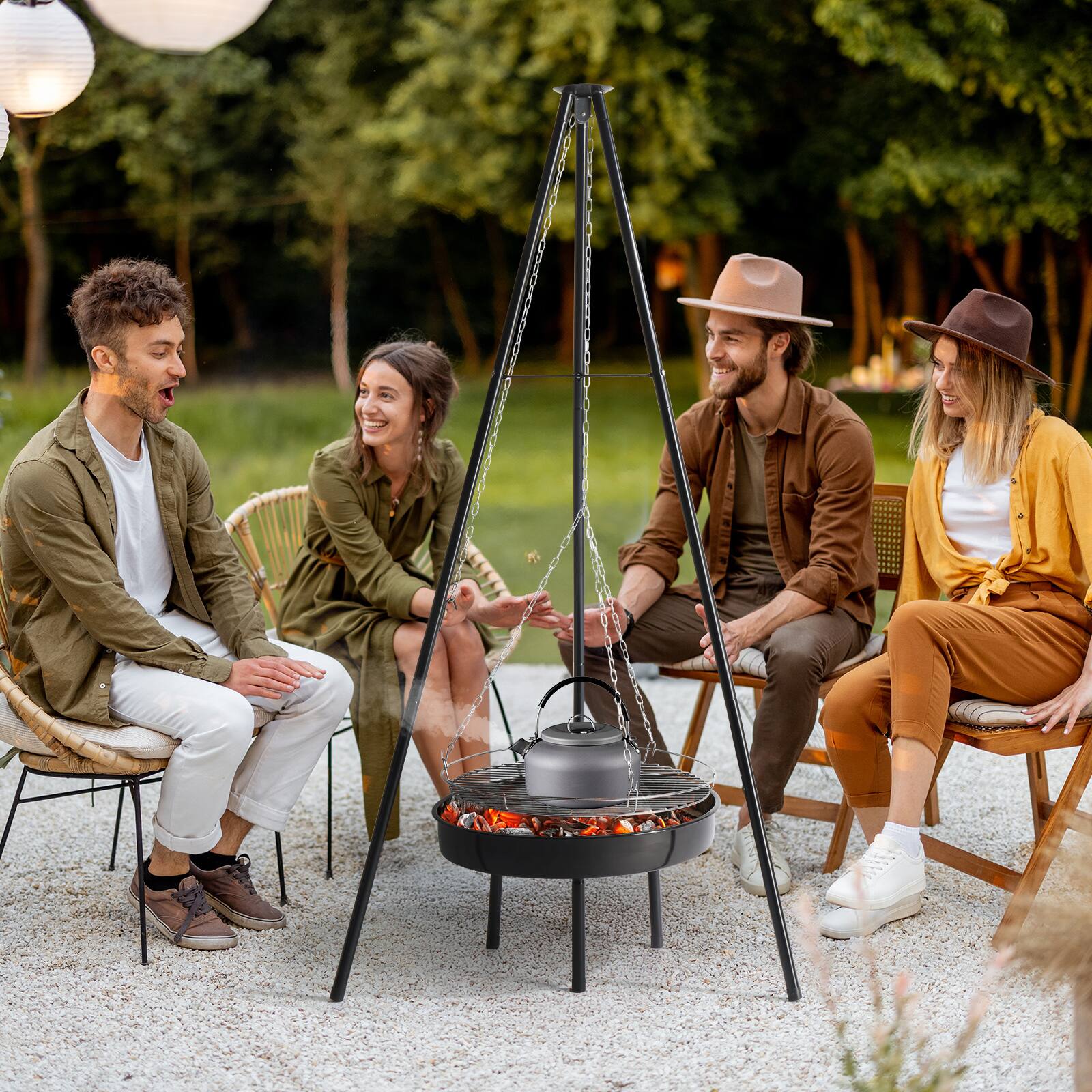 Alt View 7. Winado - Portable Campfire Tripod Grill with Adjustable Height, BBQ Grill Grate, Fire Bowl for Outdoor Camping BBQ Picnic Party - Black.