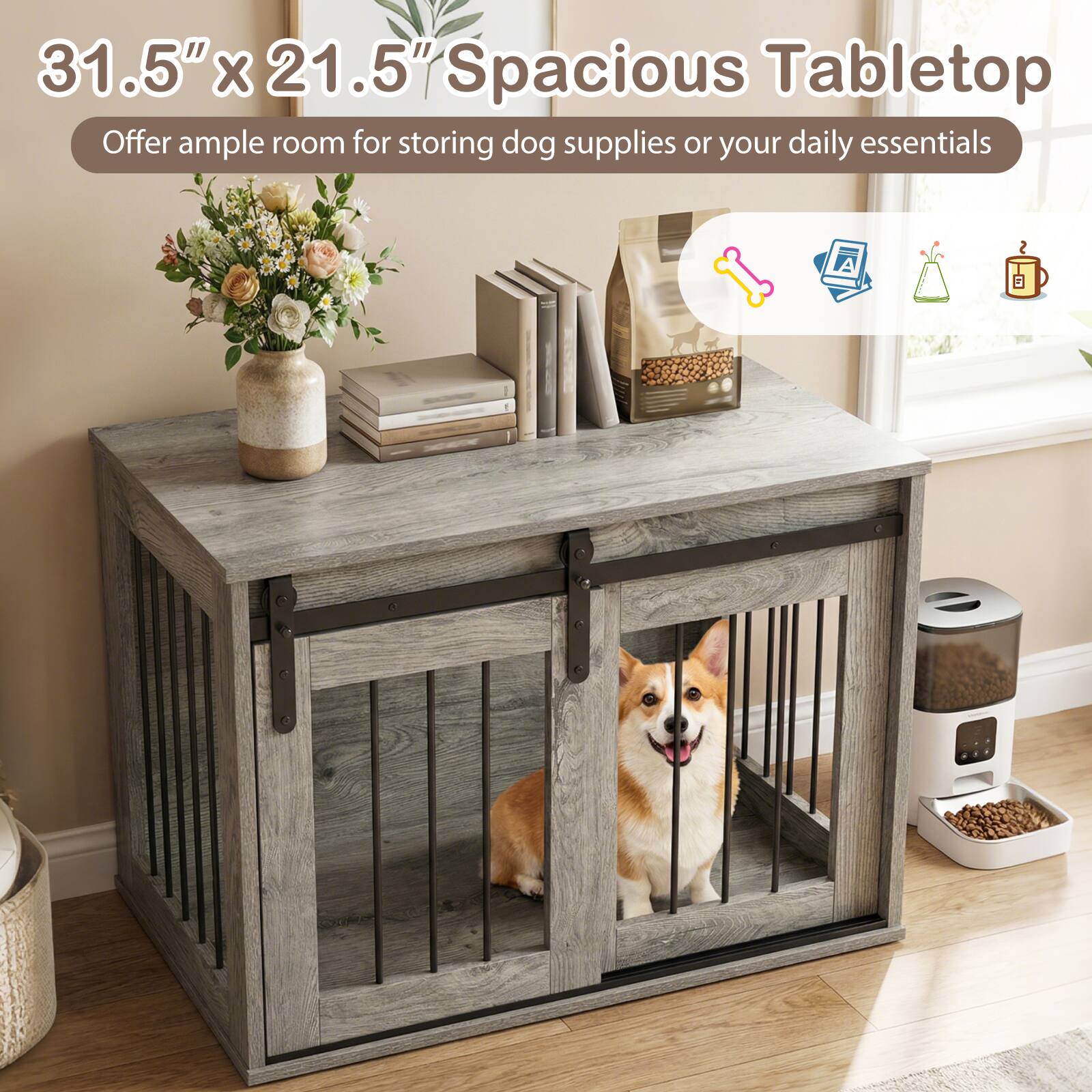 31.5" x 21.5" Spacious Tabletop  
Offer ample room for storing dog supplies or your daily essentials