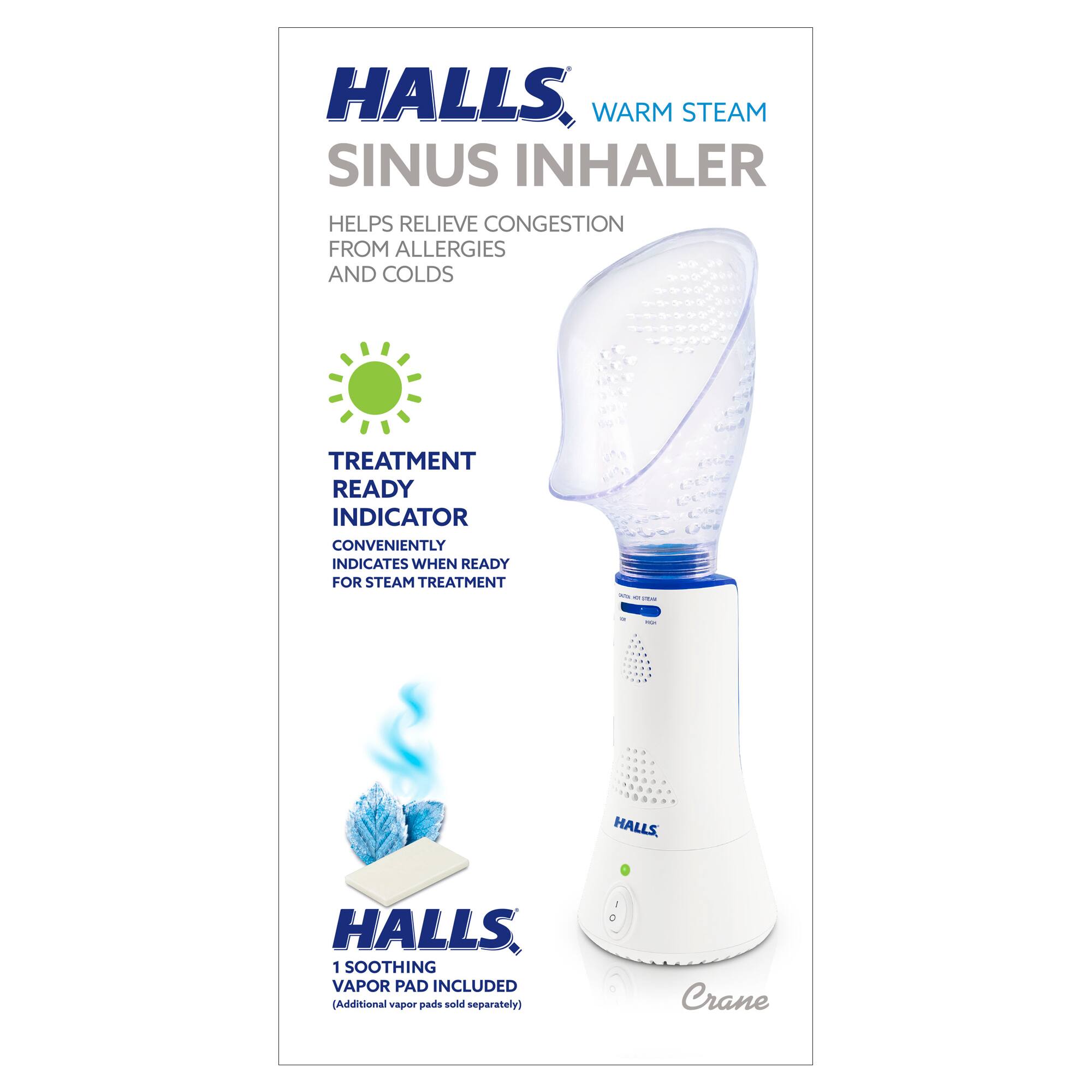 HALLS, WARM STEAM SINUS INHALER HELPS RELIEVE CONGESTION FROM ALLERGIES AND COLDS TREATMENT READY INDICATOR CONVENIENTLY INDICATES WHEN READY FOR STEAM TREATMENT HALLS HALLS. 1 SOOTHING VAPOR PAD INCLUDED (Additional vapor pads sold separately) Crane