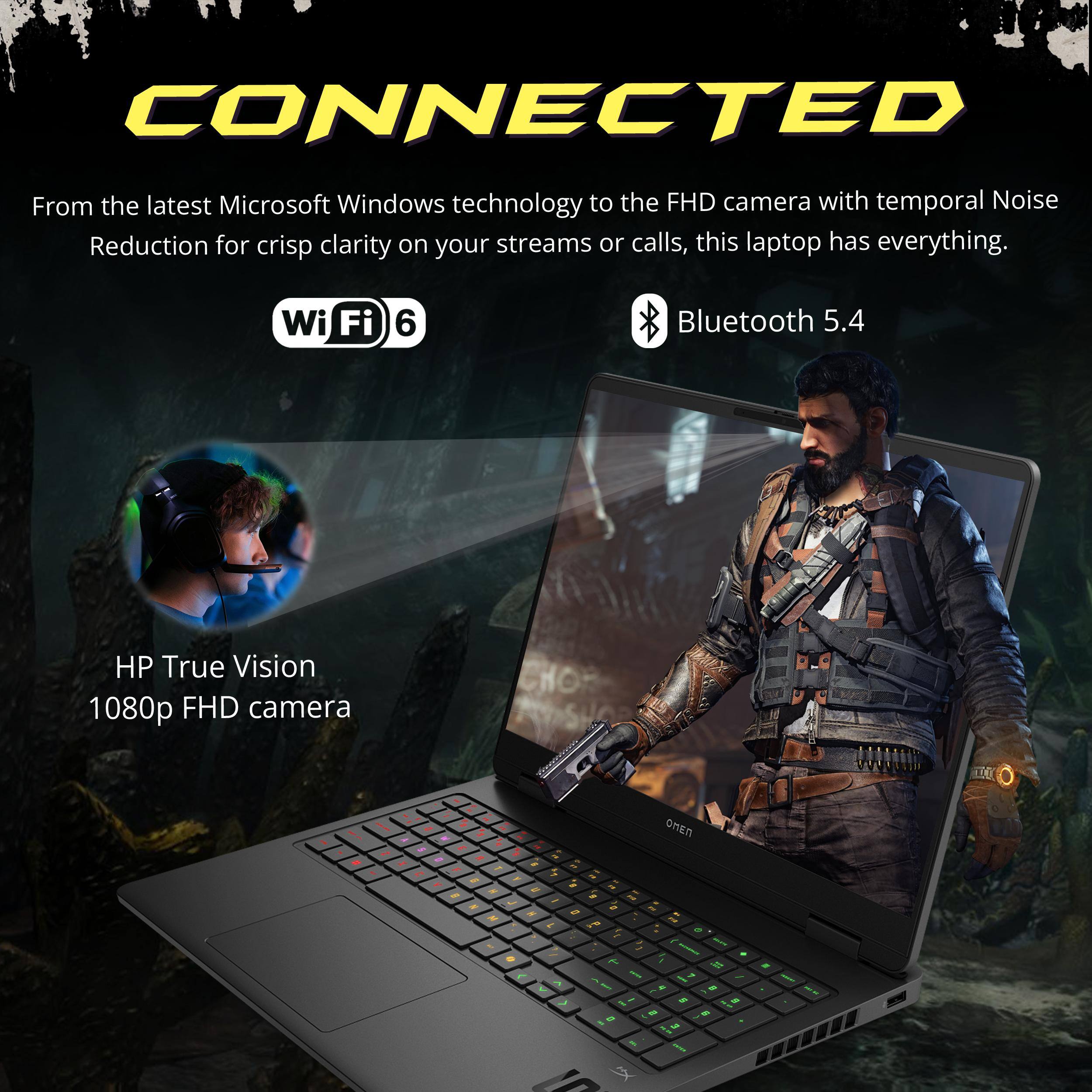 CONNECTED

From the latest Microsoft Windows technology to the FHD camera with temporal Noise Reduction for crisp clarity on your streams or calls, this laptop has everything.

- Wi-Fi 6
- Bluetooth 5.4
- HP True Vision 1080p FHD camera