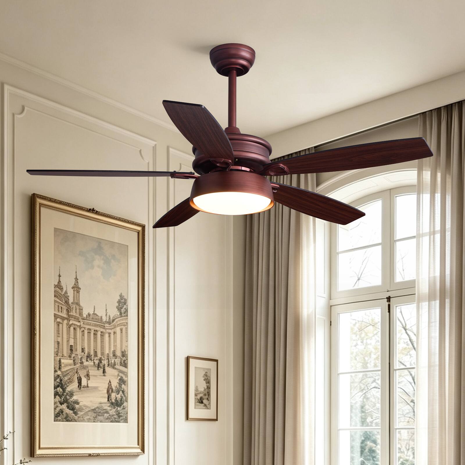 Front. Siljoy - 52 Inch Vintage Oil Rubbed Bronze 5-Blade LED Ceiling Fan Quiet Reversible Motor Adjustable Downrod for Bedroom Kitchen - Oil Rubbed Bronze.