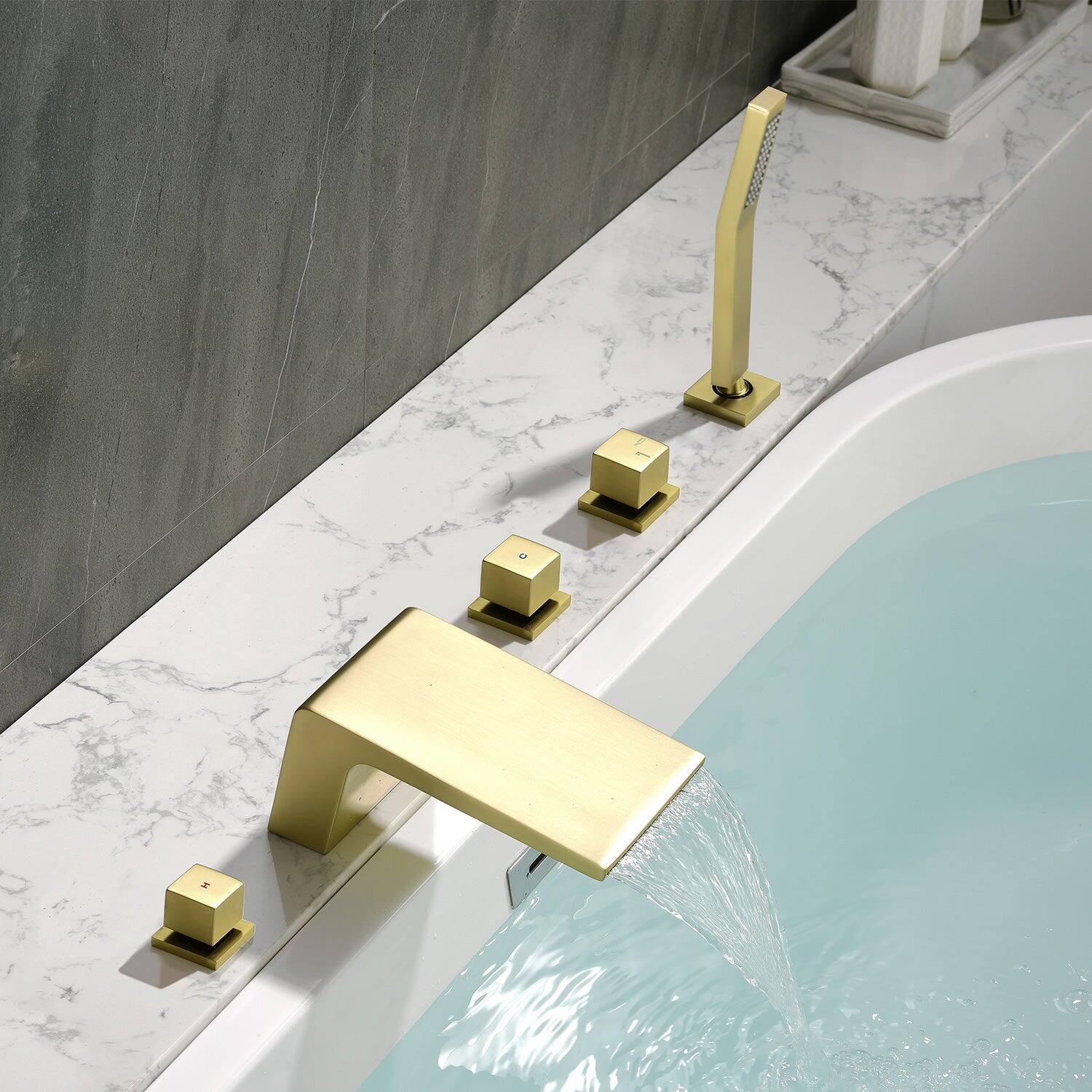 Alt View 9. Boyel Living - 4.72 in.W Brushed Gold Sloped Bathtub Hot and Cold Water Faucet with Handheld Shower and Waterfall Outlet 5-Hole - Brushed Gold.