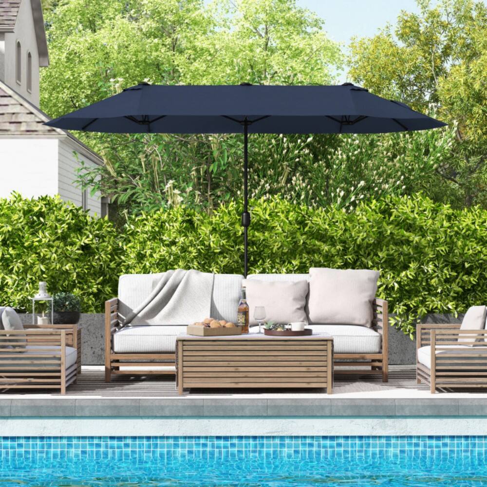 Angle. Mondawe - 13 Feet Double-Sided Patio Twin Table Umbrella with Crank Handle - Navy.