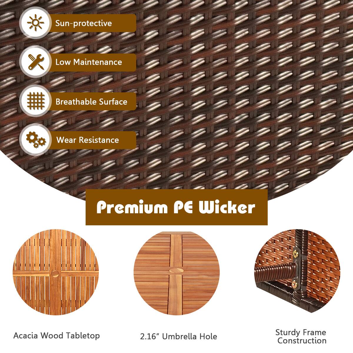 Sun-protective Low Maintenance Breathable Surface Wear Resistance Premium PE Wicker Acacia Wood Tabletop 2.16" Umbrella Hole Sturdy Frame Construction