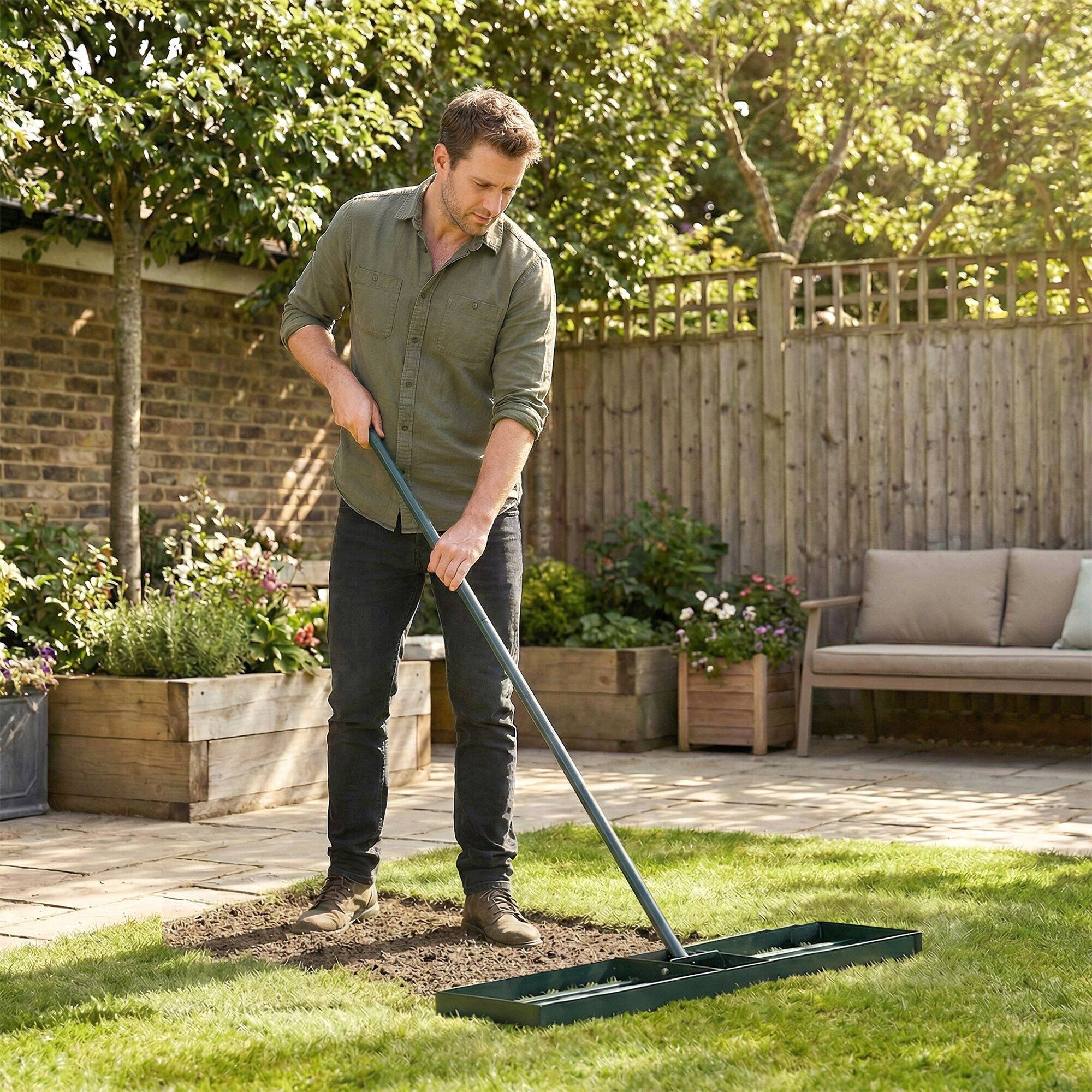Alt View 1. Outsunny - Leveling Rake, 36" x 10" Heavy Duty Yard Leveling Rake with 66.5" Handle for Backyard - Green.