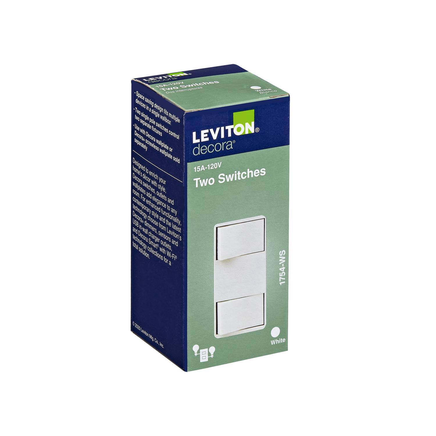 LEVITON  
decora  
15A-120V  
Two Switches  

Space-saving design with its multiple devices in a single wallbox  
- Two separate switches for multiple devices  
- Built-in switchable control  
- Decorative wallplate or switchable wallplate  

Designed to enrich your home with style and functionality, these switches enhance any room with their elegant and modern design.  

LEVITON's latest design from Leviton's decora collection, offering a 1754-WS  
White  

1754WS  
White  

©2021 Leviton Mfg. Co., Inc.