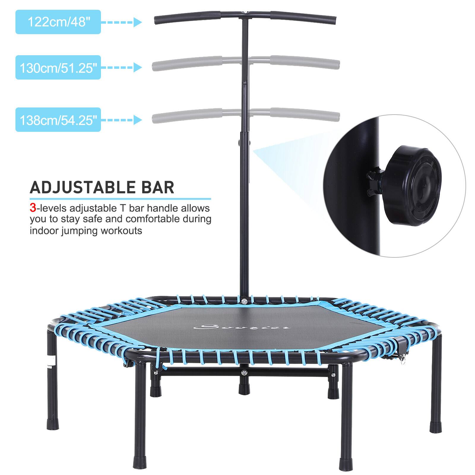 122cm/48"  
130cm/51.25"  
138cm/54.25"  

ADJUSTABLE BAR  
3-levels adjustable T bar handle allows you to stay safe and comfortable during indoor jumping workouts