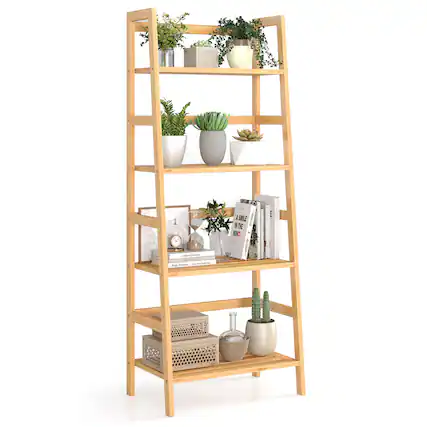 The image features a wooden shelf with various items on it. There are three potted plants, one on the top shelf, one on the middle shelf, and one on the bottom shelf. Additionally, there are three books placed on the middle shelf, and a clock is located on the bottom shelf. The shelf is filled with a mix of decorative and functional items, creating an organized and aesthetically pleasing display.