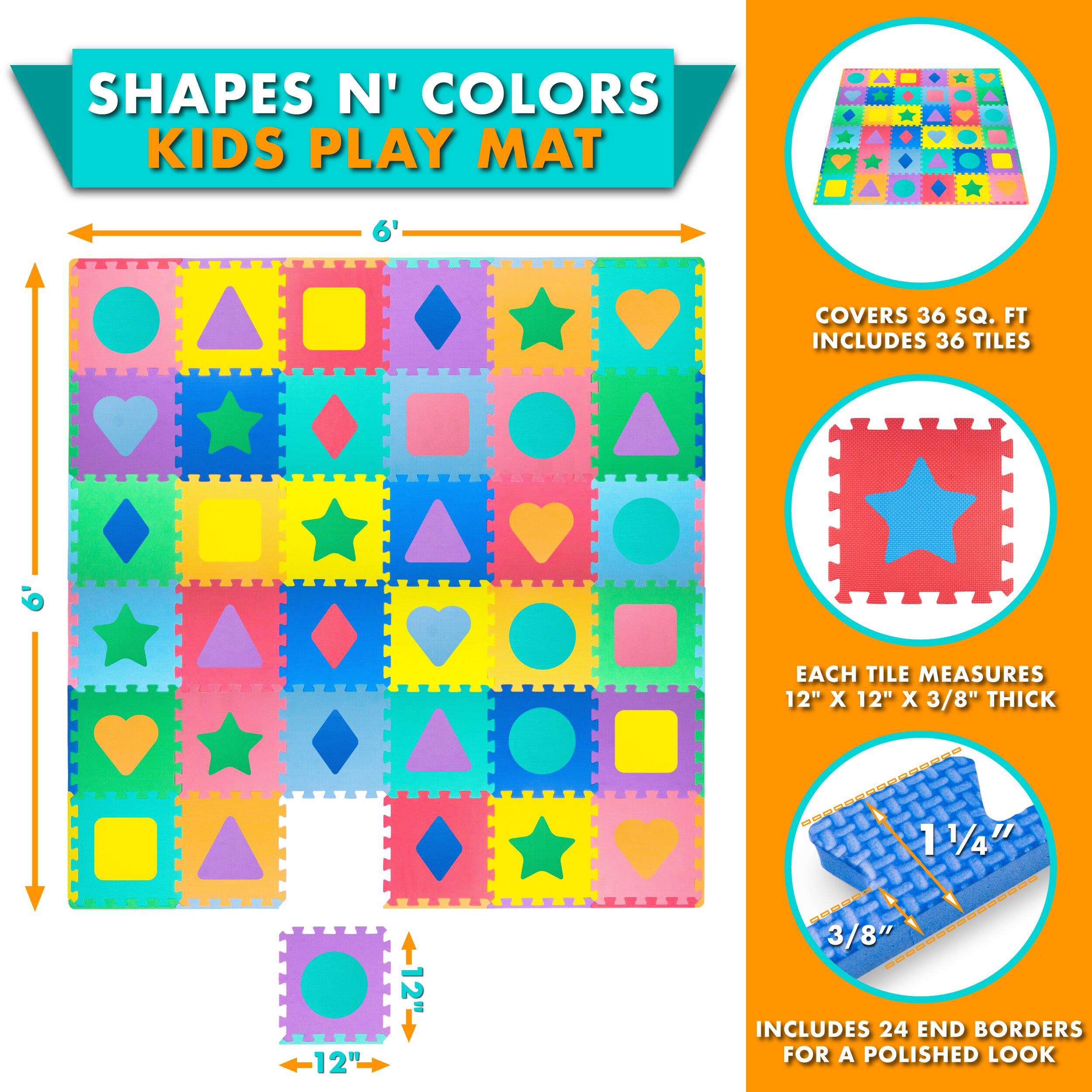 SHAPES N' COLORS KIDS PLAY MAT COVERS 36 SQ. FT. INCLUDES 36 TILES. EACH TILE MEASURES 12" X 12" X 3/8" THICK. INCLUDES 24 END BORDERS FOR A POLISHED LOOK.
