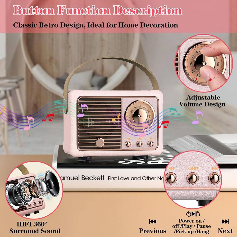 Button Function Description  
Classic Retro Design, Ideal for Home Decoration  

Adjustable Volume Design  

HIFI 360° Surround Sound  

Power on / off / Play / Pause / Pick up / Hang  

Previous  

Next