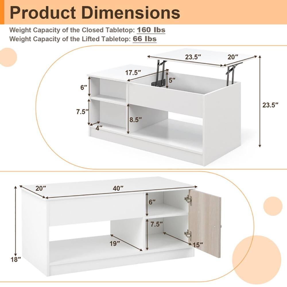 Product Dimensions  
Weight Capacity of the Closed Tabletop: 160 lbs  
Weight Capacity of the Lifted Tabletop: 66 lbs  

- 23.5"  
- 20"  
- 6"  
- 17.5"  
- 5"  
- 7.5"  
- 4"  
- 8.5"  
- 23.5"  
- 20"  
- 40"  
- 6"  
- 7.5"  
- 19"  
- 15"  
- 18"