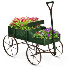 Gymax - Garden Plant Planter Wooden Wagon Planter W/ Wheel Garden Yard - Green