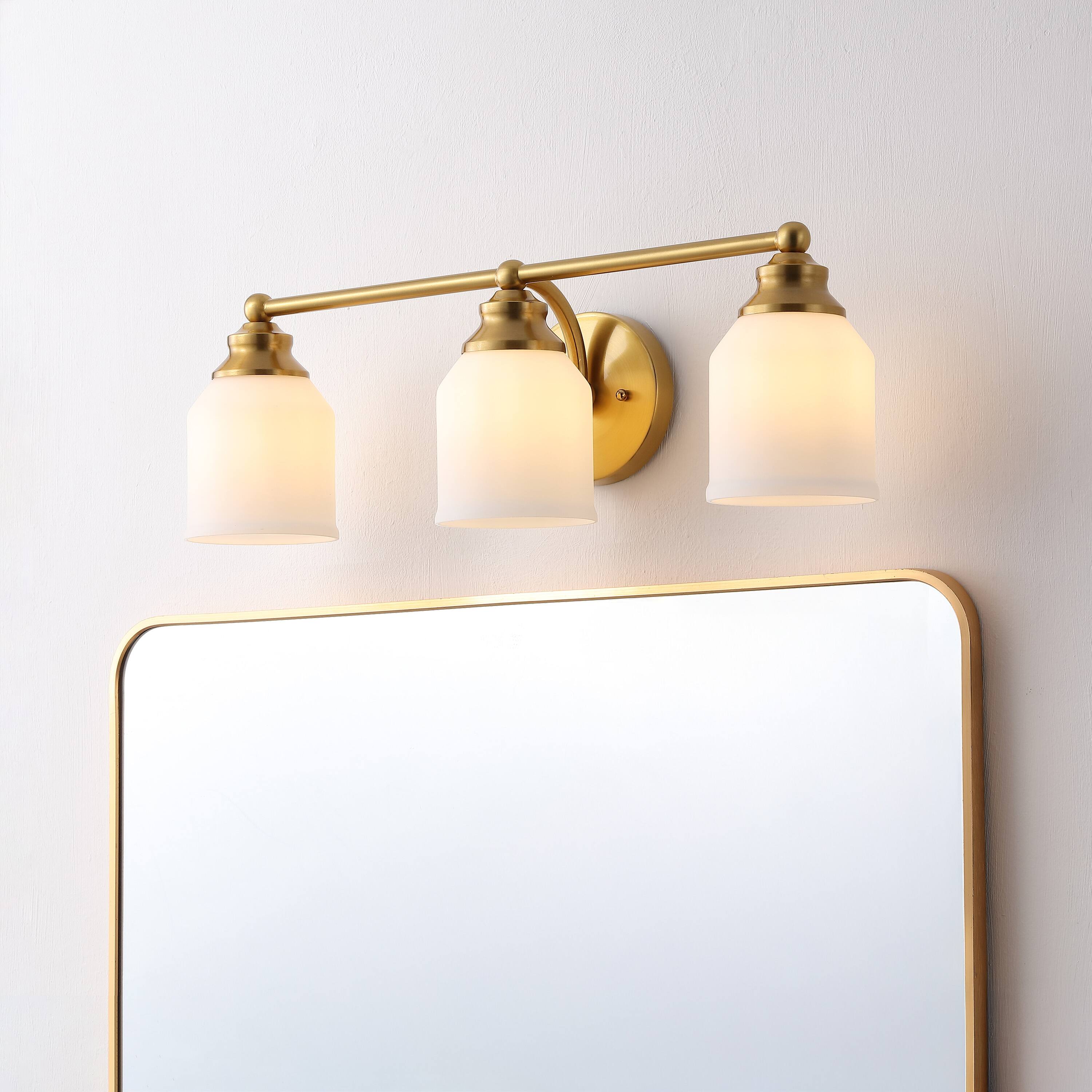 Alt View 1. Jonathan Y - Lydia 24" 3-Light Farmhouse Cottage Metal LED Vanity Light with Frosted Glass Shades, Brass Gold - Brass Gold.