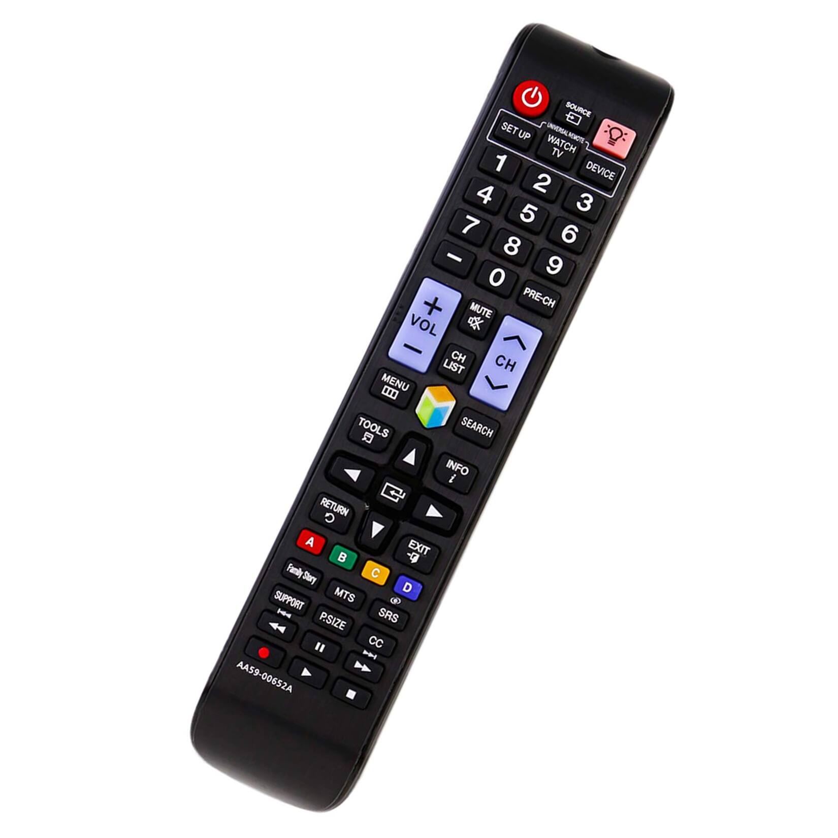 G SOURCE  
SET UP  
WATCH TV  
1 2 3  
4 5 6  
7 8 9  
0  
- PRE-CH  
MUTE VOL +  
CH CH LIST  
TOOLS SEARCH INFO  
MENU RETURN EXIT  
A B C D  
FandlyStoar  
SUPPORT MTS SRS PSIZE  
CC  
AA59-00652A