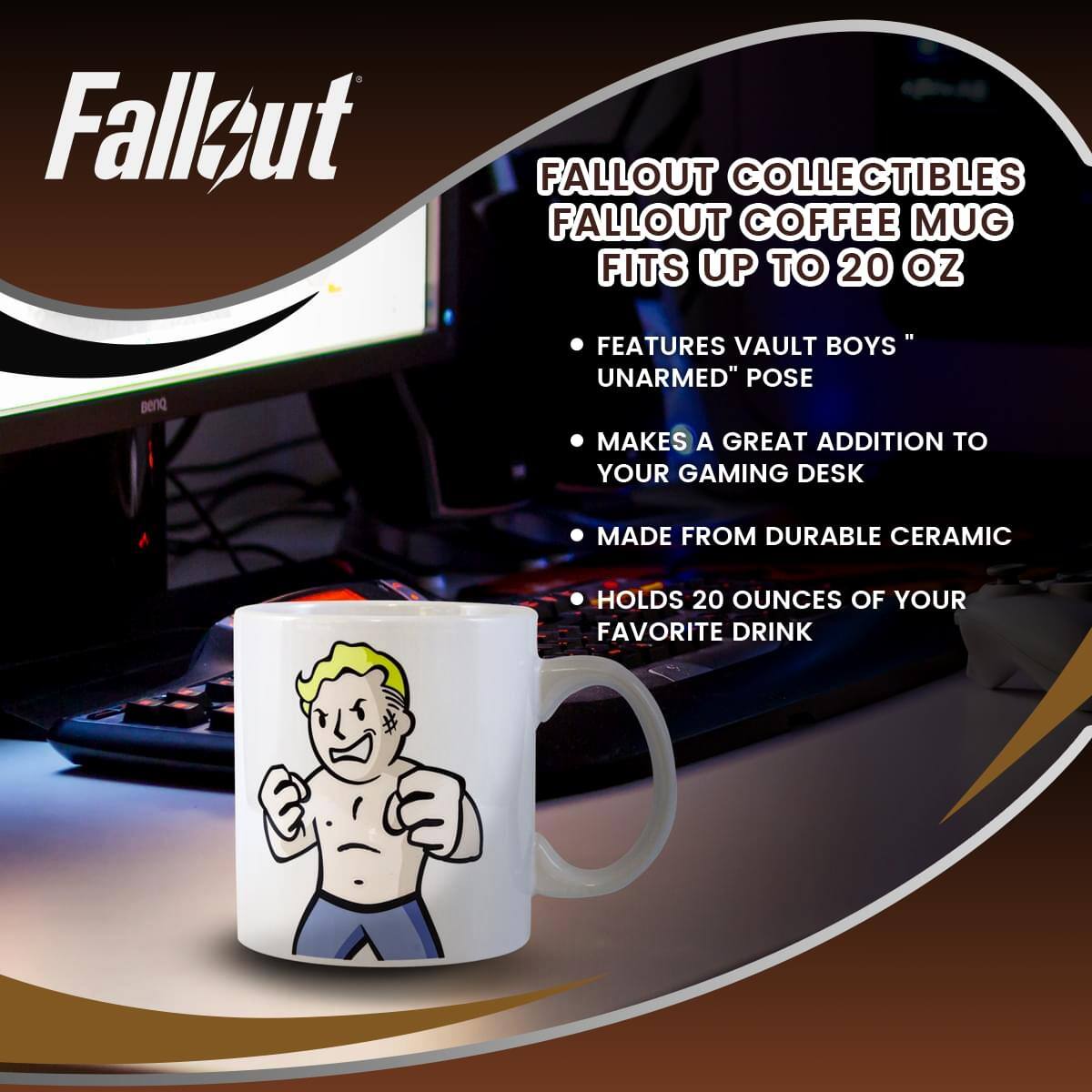 Fallout Collectibles Fallout Coffee Mug Fits Up to 20 Oz

- Features Vault Boys "Unarmed" Pose
- Makes a Great Addition to Your Gaming Desk
- Made from Durable Ceramic
- Holds 20 Ounces of Your Favorite Drink