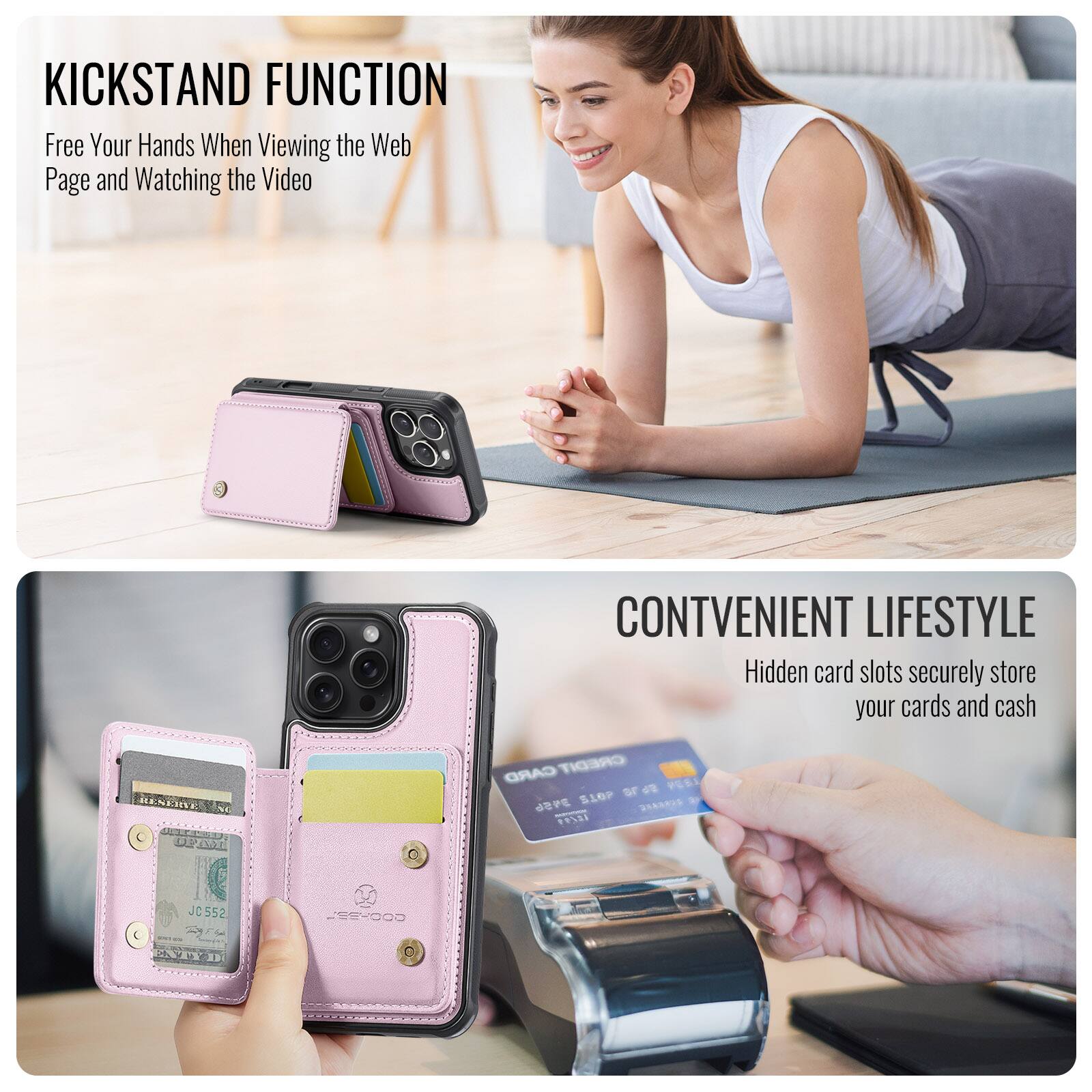 KICKSTAND FUNCTION  
Free Your Hands When Viewing the Web Page and Watching the Video  

CONVENIENT LIFESTYLE  
Hidden card slots securely store your cards and cash  

JC552  
LSSWOOD