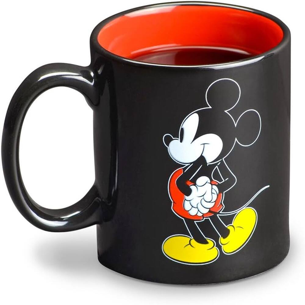 Left. Schertz - Mickey Mouse Mug Warmer – 12oz Mug & Heating Plate, Red/Black - Black.