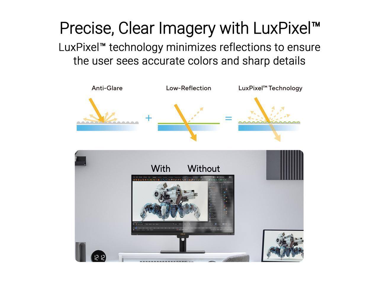 Precise, Clear Imagery with LuxPixel™  
LuxPixel™ technology minimizes reflections to ensure the user sees accurate colors and sharp details  

Anti-Glare  
Low-Reflection  
LuxPixel™ Technology  

With  
Without