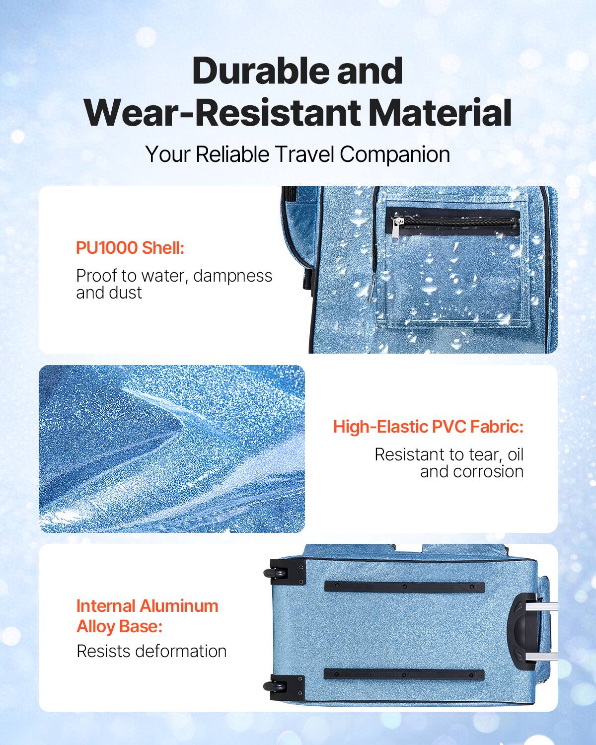 Durable and Wear-Resistant Material  
Your Reliable Travel Companion  

PU1000 Shell:  
Proof to water, dampness and dust  

High-Elastic PVC Fabric:  
Resistant to tear, oil and corrosion  

Internal Aluminum Alloy Base:  
Resists deformation