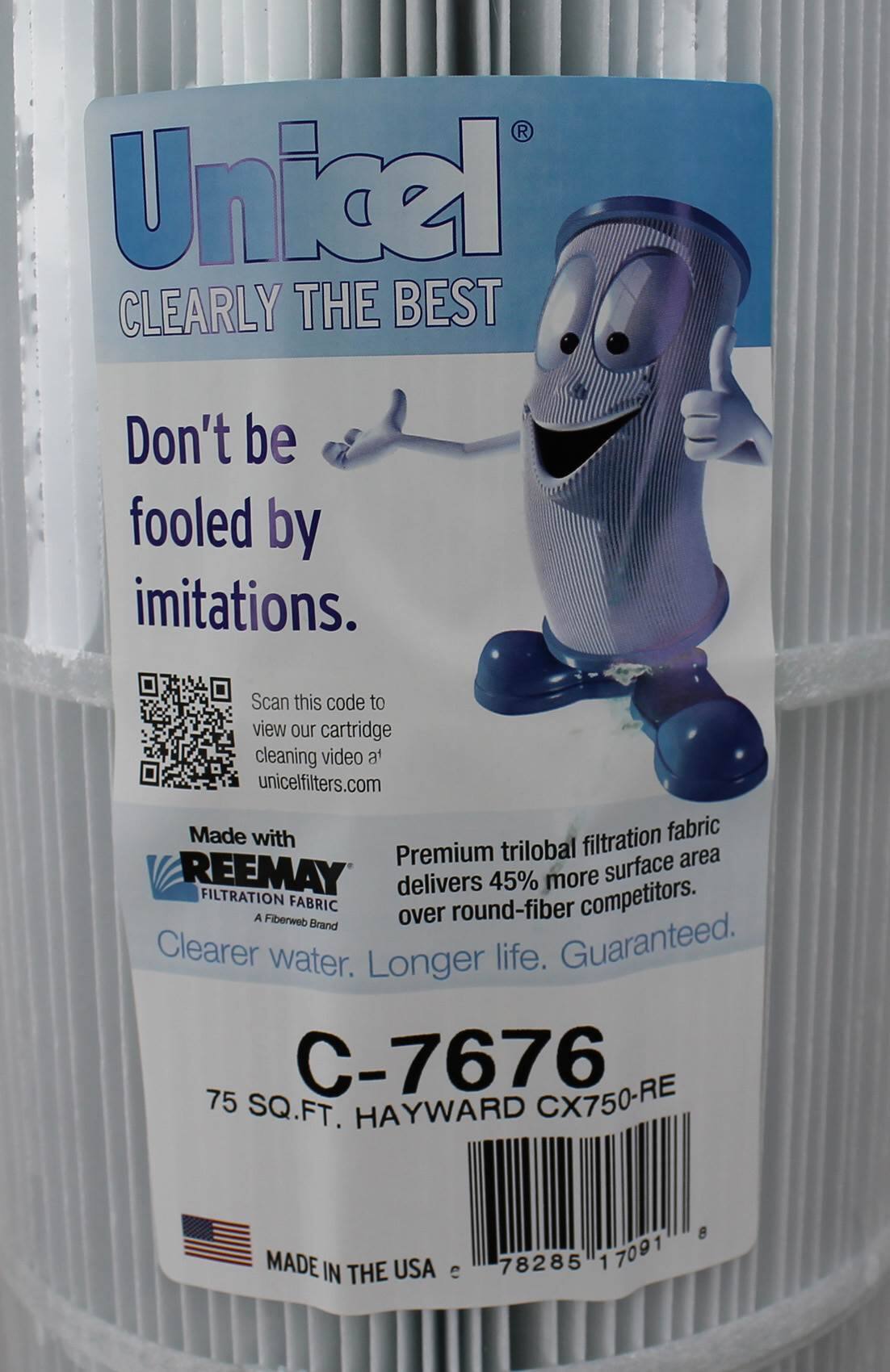 Unical  
CLEARLY THE BEST  

Don't be fooled by imitations.  

Scan this code to view our cartridge cleaning video at unicelfilters.com  

Made with REEMAY filtration fabric  

Premium trilobal filtration fabric delivers 45% more surface area over round-fiber competitors.  

Clearer water. Longer life. Guaranteed.  

C-7676  
75 SQ.FT. HAYWARD CX750-RE  

MADE IN THE USA  

A Fiberweb Brand  

78285 17091 8