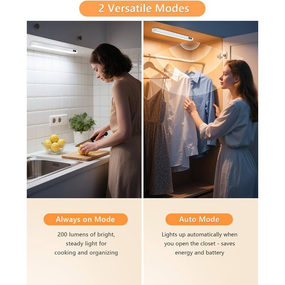 2 Versatile Modes

Always on Mode  
200 lumens of bright, steady light for cooking and organizing

Auto Mode  
Lights up automatically when you open the closet - saves energy and battery