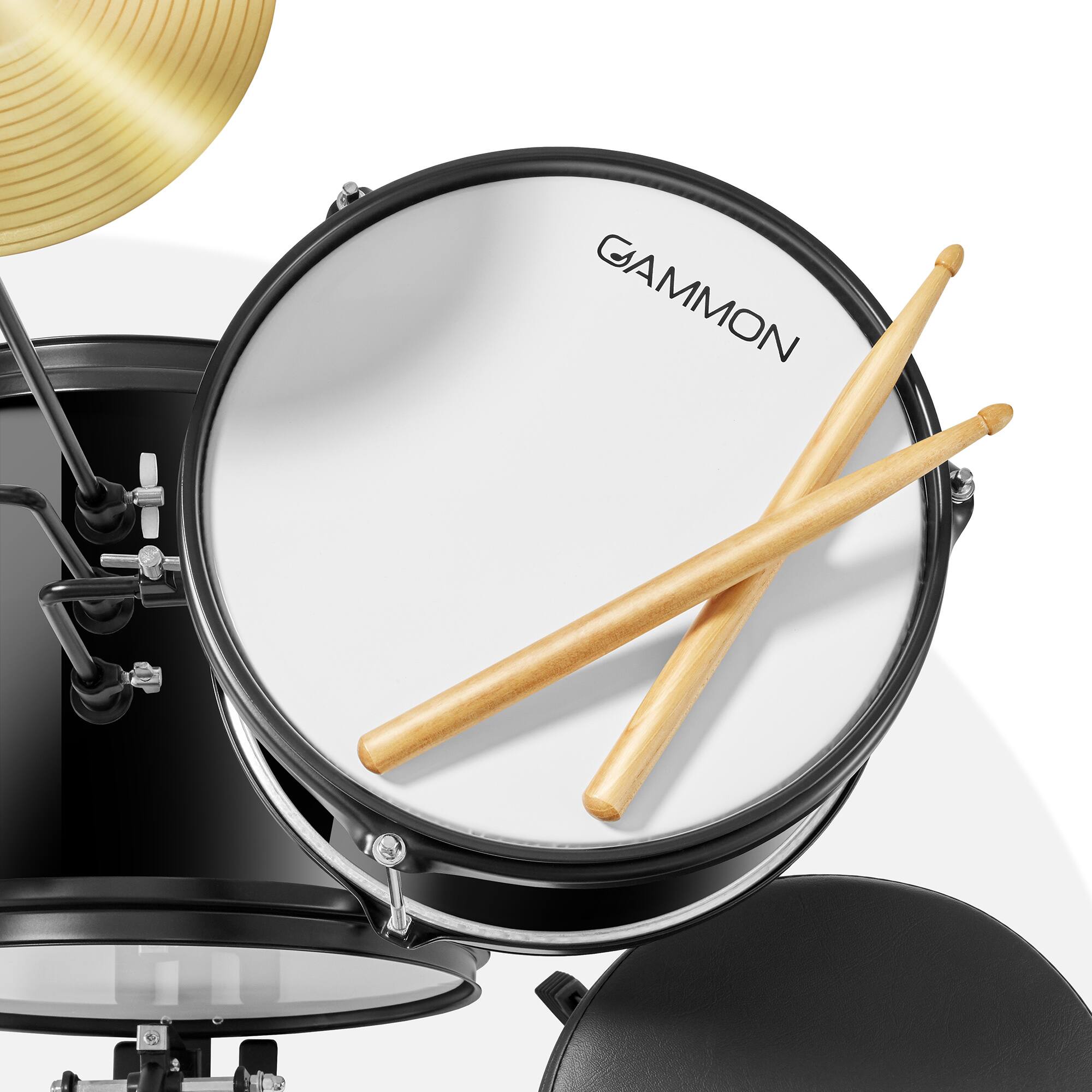 Alt View 3. Gammon Percussion - 3pc Junior Drum Set - Beginner Kit with Throne - Cymbal - Drumsticks - Black.