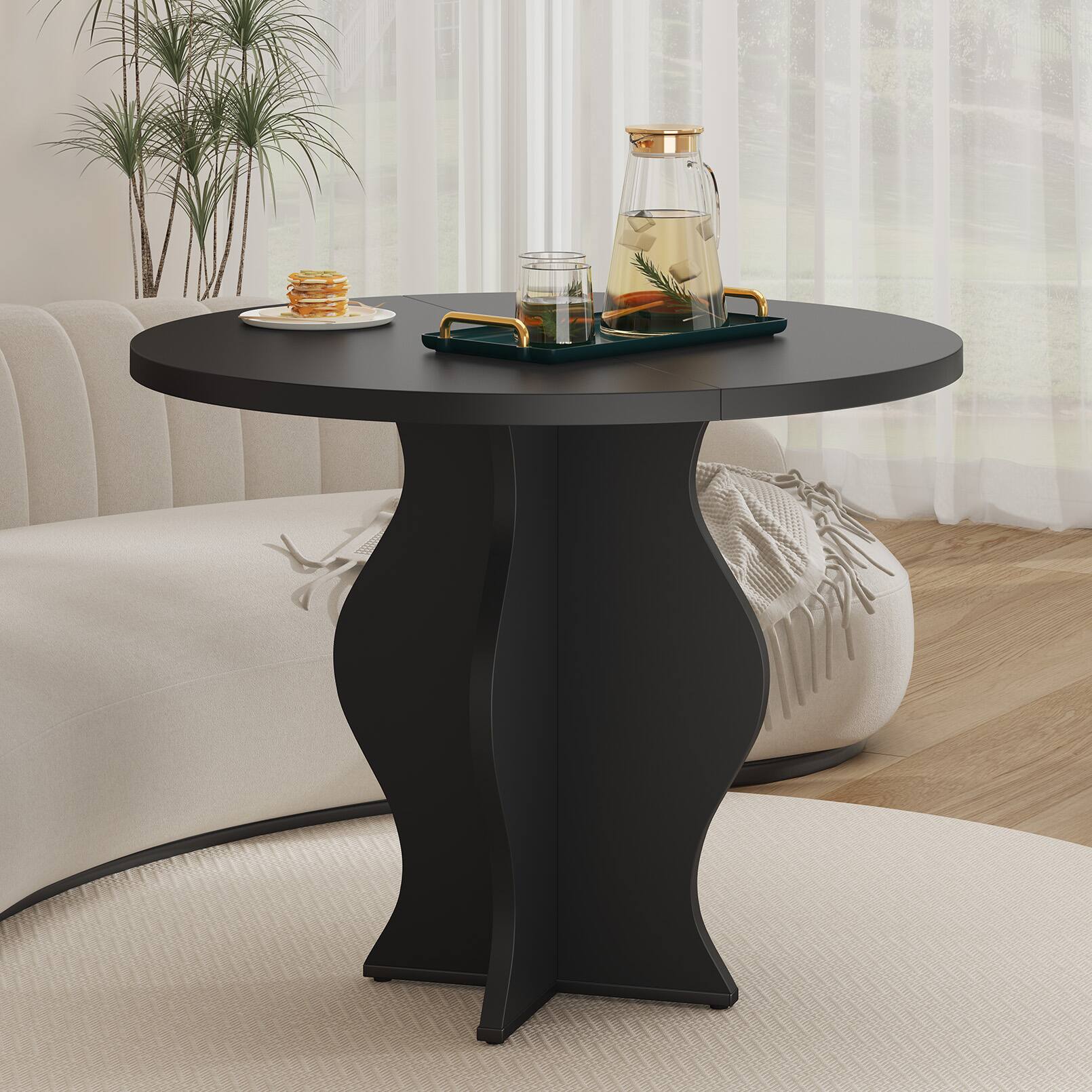 Left. Anysun - 31.5" Round Farmhouse Dining Table for 2 - Walnut Finish, Wave Pedestal Base, Space-Saving for Apartment & Kitchen - Black.