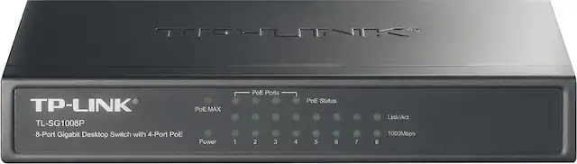 Front. TP-Link - 8-Port Gigabit Ethernet Switch with 4 Port PoE - Black/Gray.