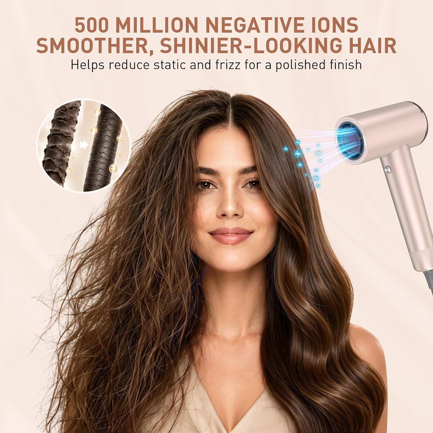 500 MILLION NEGATIVE IONS  
SMOOTHER, SHINIER-LOOKING HAIR  
Helps reduce static and frizz for a polished finish