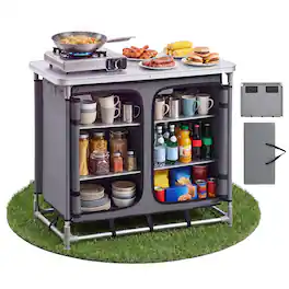 VEVOR - Camping Storage Cabinet, Outdoor Portable Aluminum Lightweight Table, Quick Set-up Compact Kitchen Cook Station - Gray