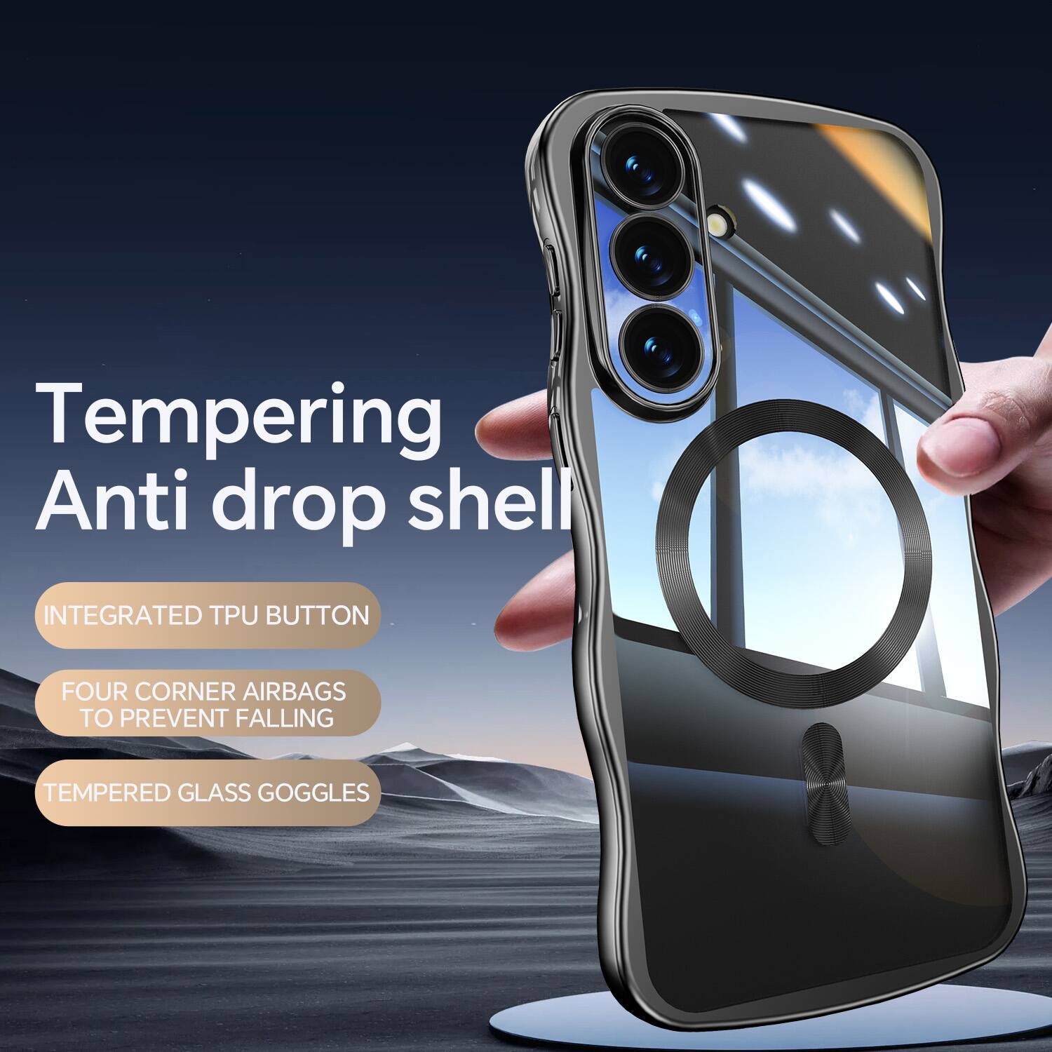 Tempering Anti drop shell  
INTEGRATED TPU BUTTON  
FOUR CORNER AIRBAGS TO PREVENT FALLING  
TEMPERED GLASS GOGGLES