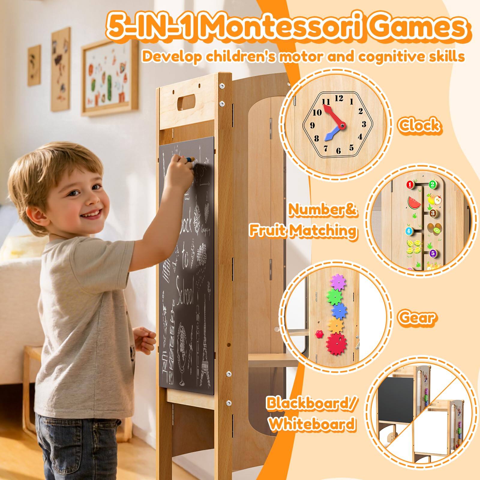 5-IN-1 Montessori Games  
Develop children's motor and cognitive skills  

- Clock  
- Number & Fruit Matching  
- Gear  
- Blackboard/ Whiteboard