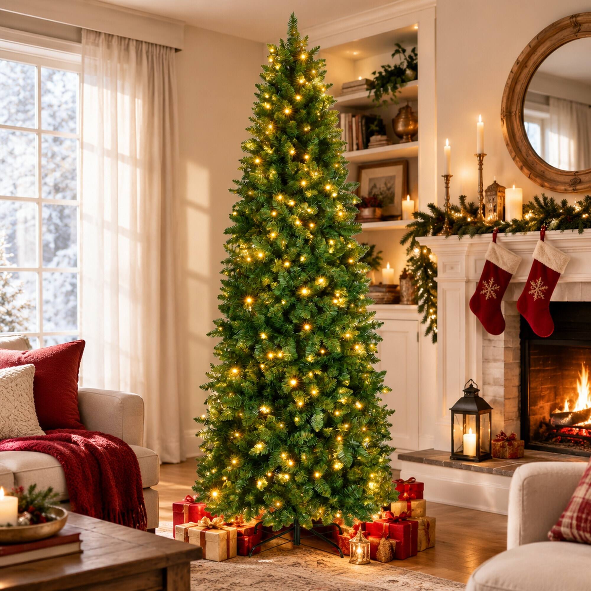 Angle. RYHNUYNE - 9FT Pre-Lit Pencil Christmas Tree With Warm White and Multi-Color LED Lights, Realistic Spruce and Metal Base - Green.