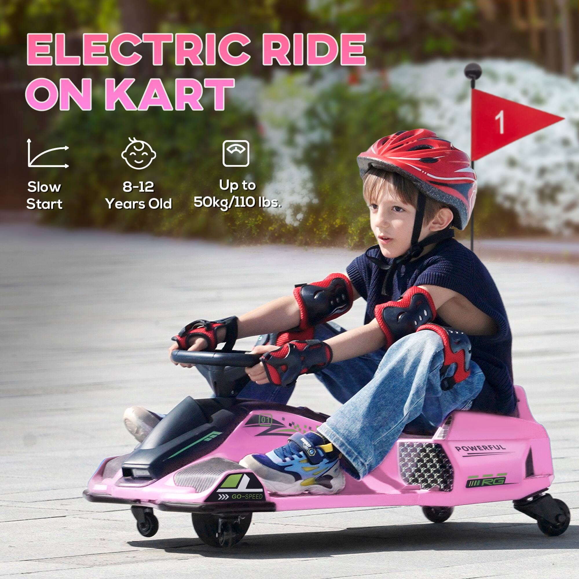 ELECTRIC RIDE ON KART

- Slow Start
- 8-12 Years Old
- Up to 50kg/110 lbs.

POWERFUL

GO-SPEED

RG