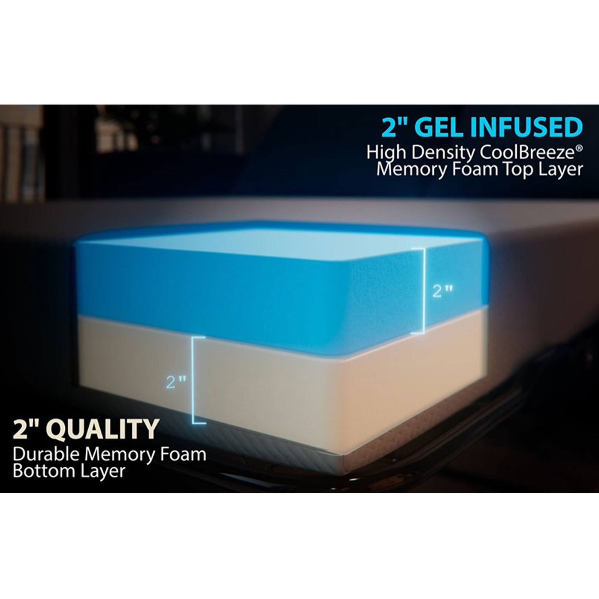2" GEL INFUSED High Density CoolBreeze® Memory Foam Top Layer

2" QUALITY Durable Memory Foam Bottom Layer