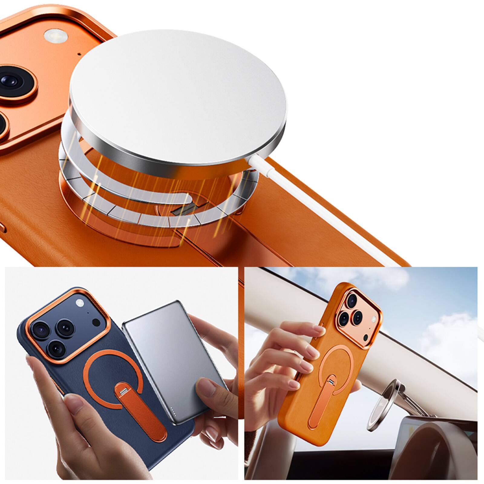 Alt View 3. Dteck - For Apple iPhone 17 Pro Max Slim Perminum Leather Shockproof Foldable Kickstand Mag Safe Case Cover - Orange.