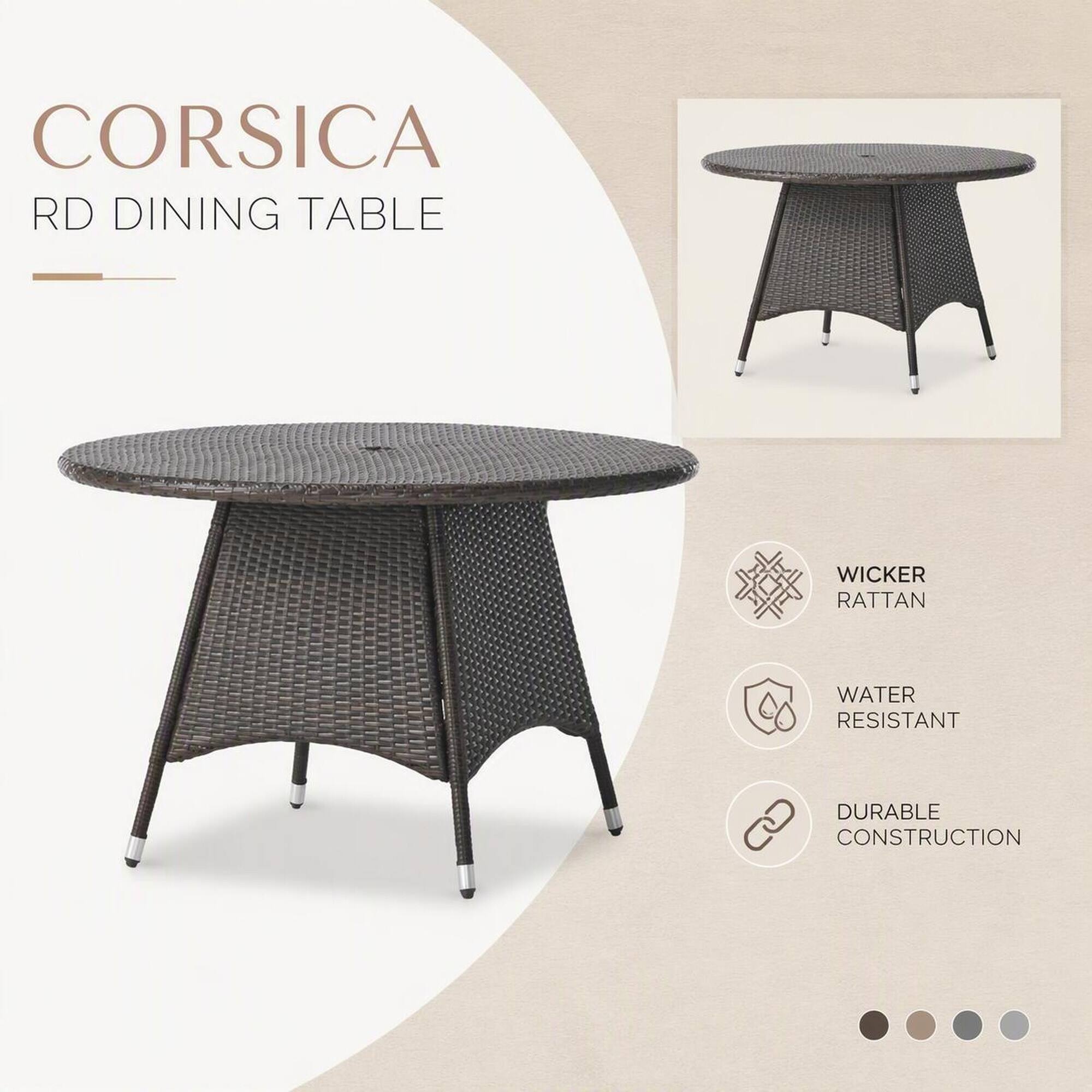 CORSICA RD DINING TABLE

WICKER RATTAN
WATER RESISTANT
DURABLE CONSTRUCTION
