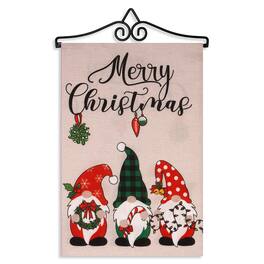 G128 - Combo Garden Flag Hanger 14.2 Inches with 12 x 18 Inches Double-Sided Burlap Merry Christmas 3 Festive Gnomes Flag - Red, Green, White