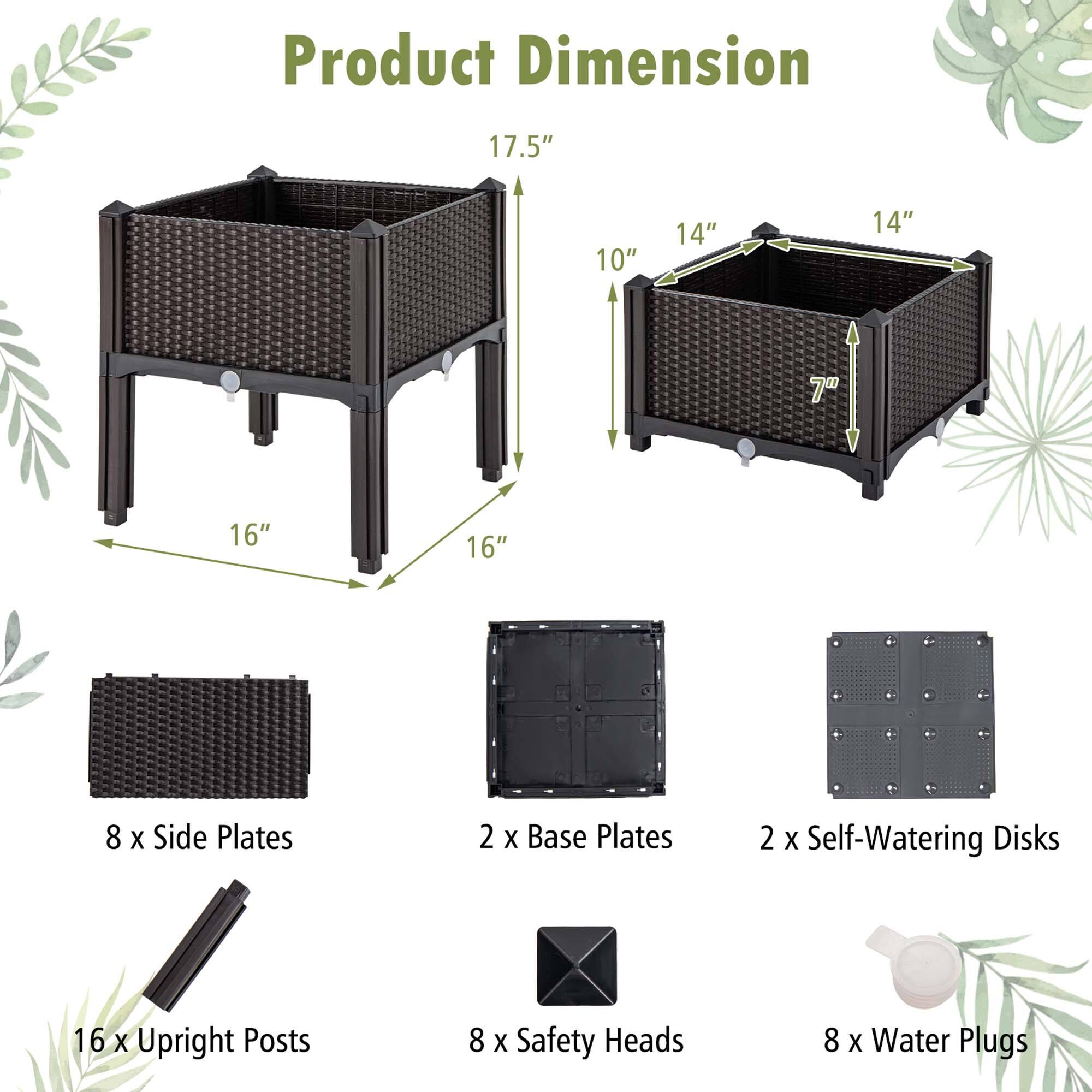 Product Dimension: 17.5" x 10" x 14" x 14" x 7" x 16" x 16" x 8

- 8 x Side Plates
- 2 x Base Plates
- 2 x Self-Watering Disks
- 16 x Upright Posts
- 8 x Safety Heads
- 8 x Water Plugs
