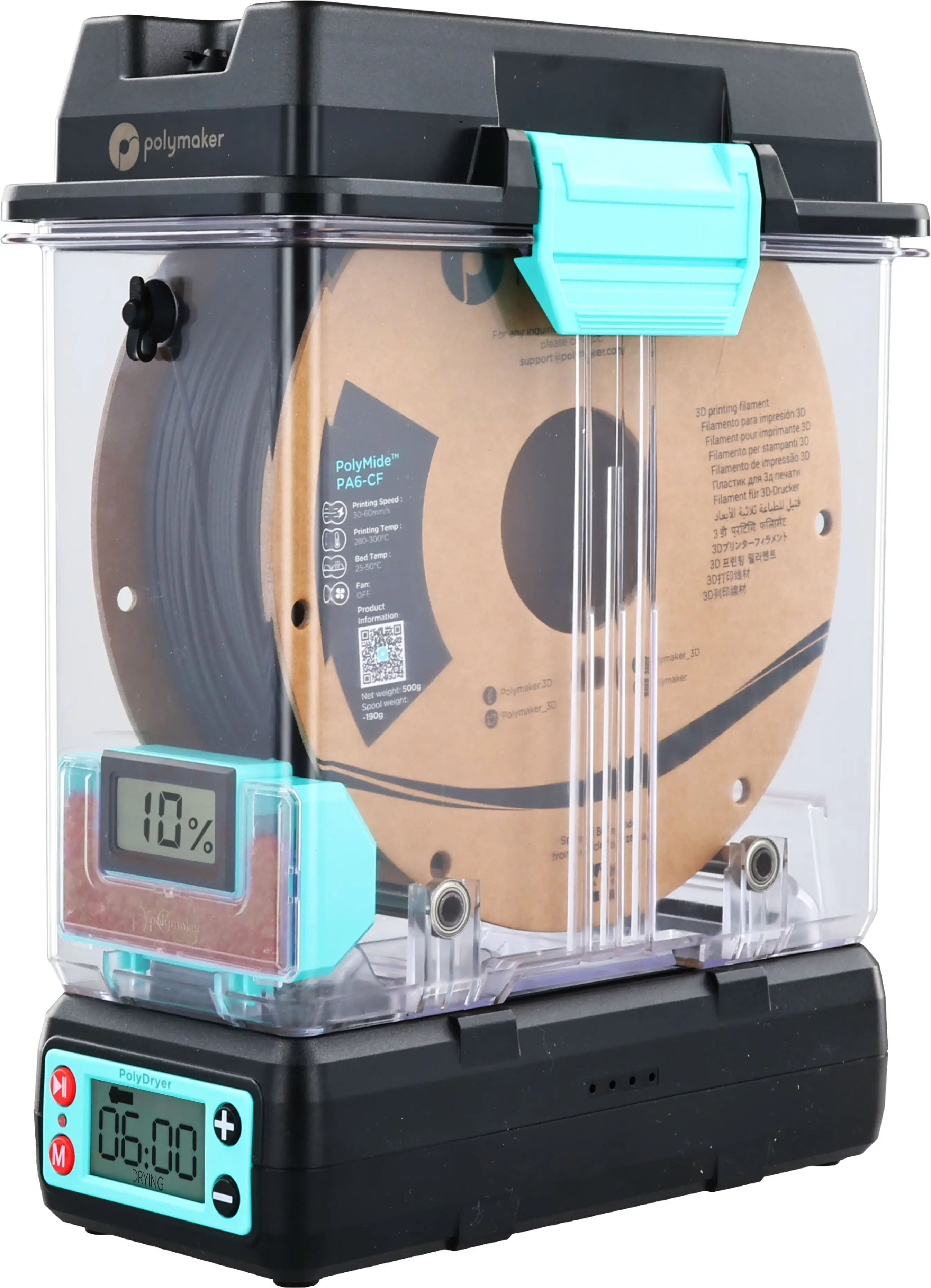 Polymaker For- gur please epol eerca support PolyMide A6-CF Printing Spend 50-60mms Printing Temp 280-500C Bed Temp 3700-e5 Farther: OFE Product Information printing flament 30 impresin 30 Filamento para 30 Filamento pour imprimatte stampano 30 Filamento per 30 Filamento de impresso 34 NTY Drucker Filament f 30 3 1 30 30 3D 30 weight 500g Not Speol weignc -190g Polymaker.SD Palymaker\_I0 vmaker\_30 maker 10% SI fron pyia H PolyDryer 06.00 + M DRYING -