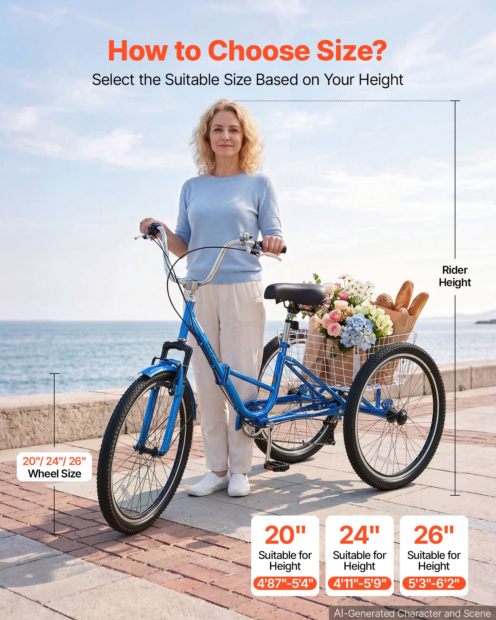 How to Choose Size?  
Select the Suitable Size Based on Your Height

Rider Height

20"/ 24"/ 26" Wheel Size

20"  
Suitable for Height 4'8"-5'4"

24"  
Suitable for Height 4'11"-5'9"

26"  
Suitable for Height 5'3"-6'2"

AI-Generated Character and Scene