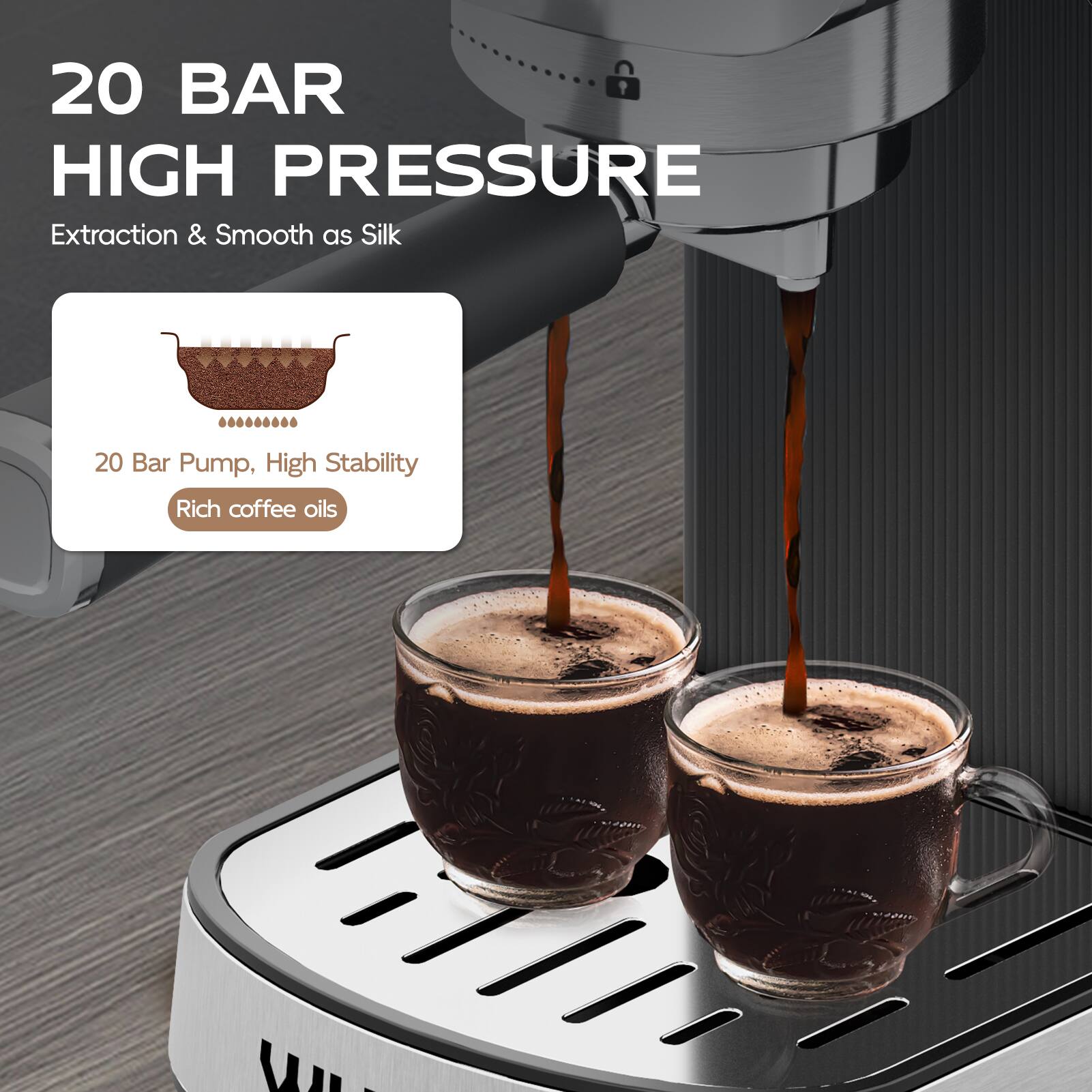 20 BAR HIGH PRESSURE Extraction & Smooth as Silk 20 Bar Pump, High Stability Rich coffee oils