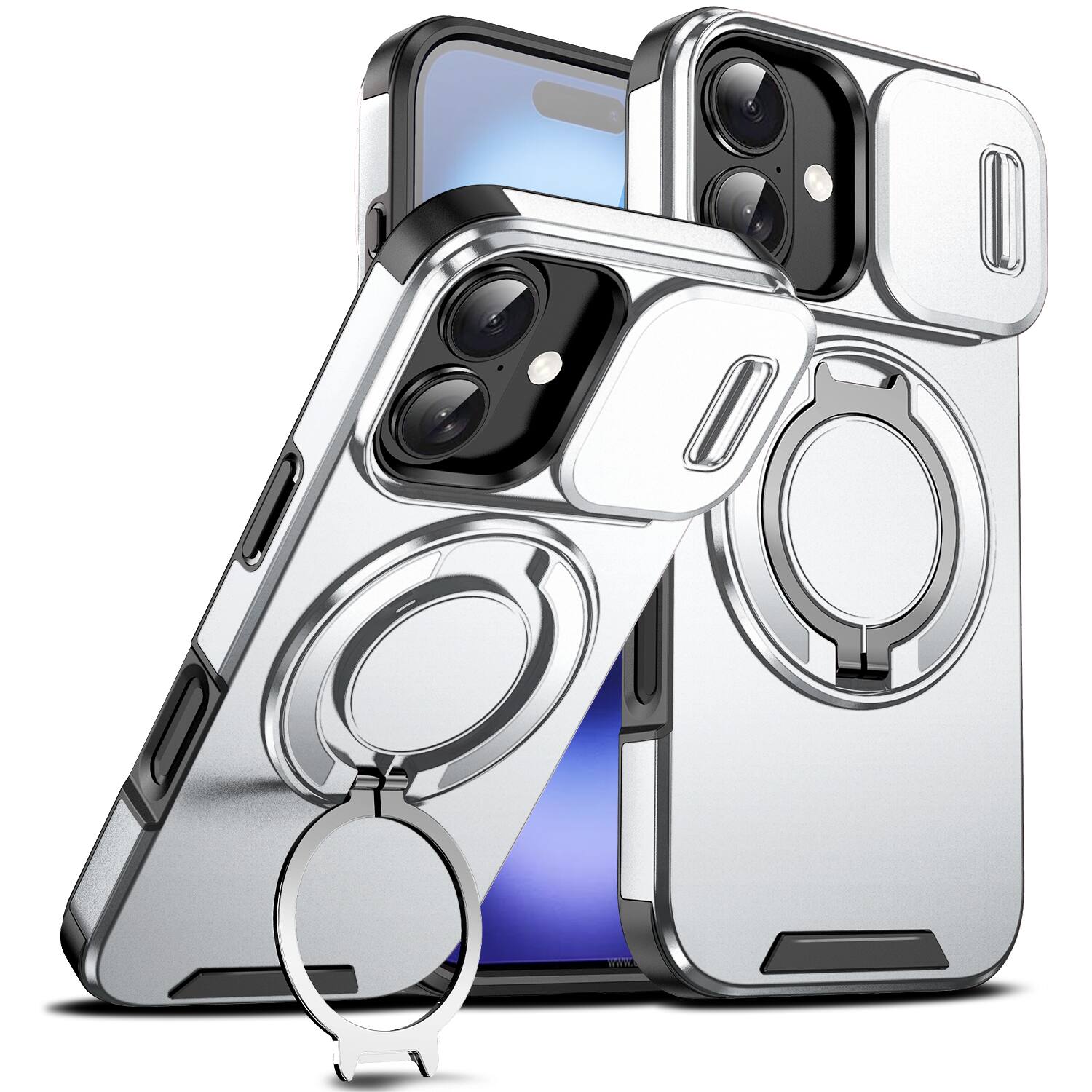 UUCOVER - Magnetic Case with Slide Camera Lens Cover & 360° Ring Kickstand for Apple iPhone 16 - Drop Protection Shockproof Shell - Silver