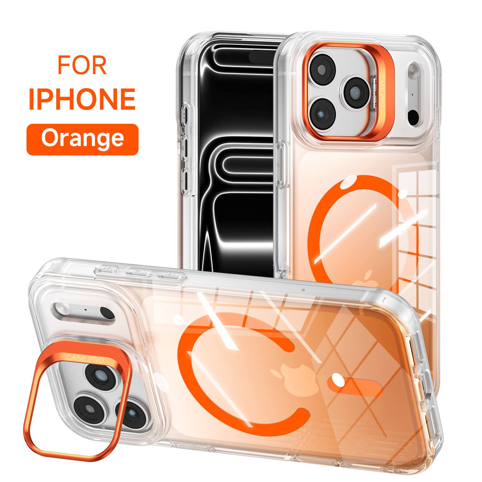 Dteck - Gradient Translucent Case for Apple iPhone 17 Pro Max with Foldable Camera Stand, Magnetic Hybrid Shockproof Phone Cover - Orange
