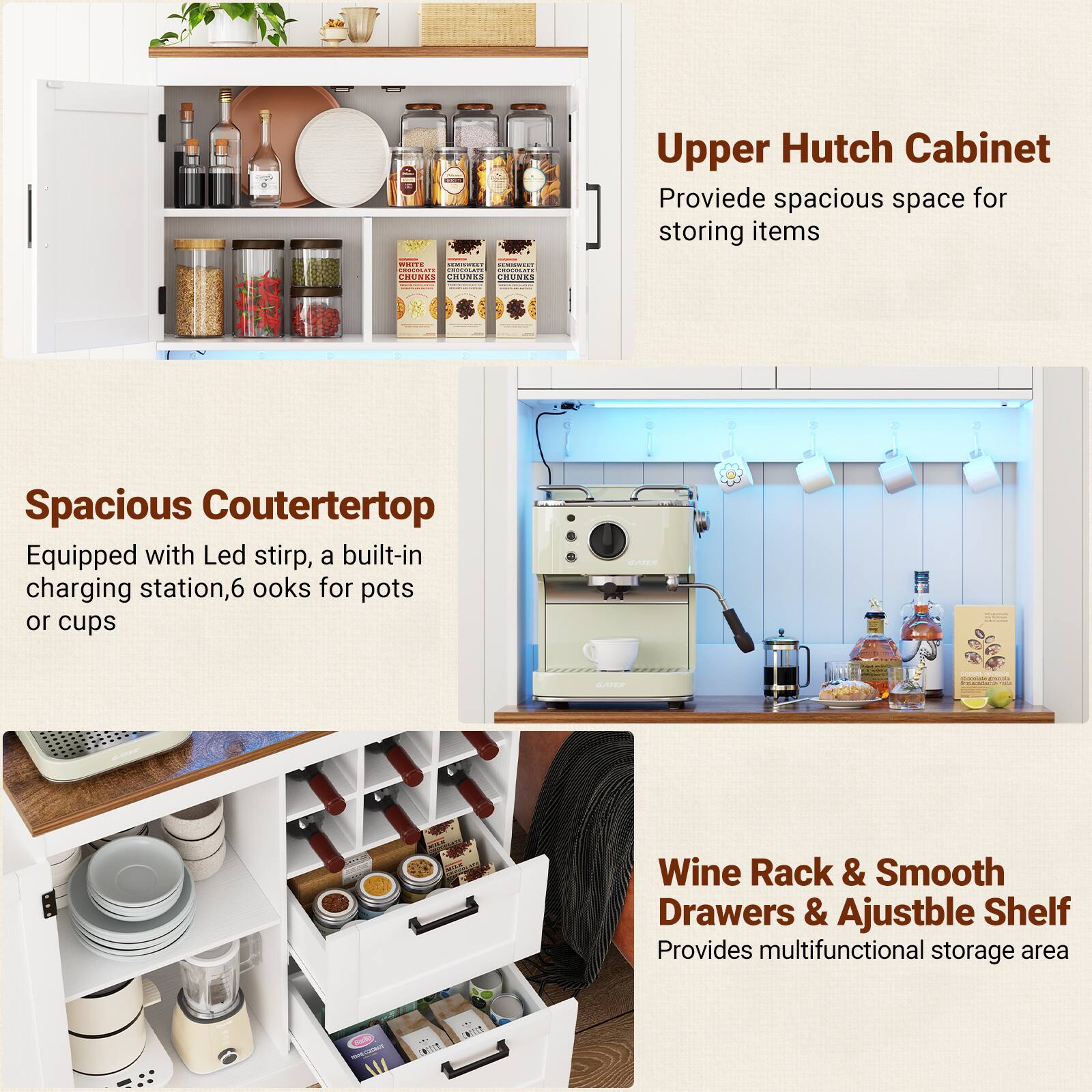 Upper Hutch Cabinet  
Provide spacious space for storing items  

Spacious Countertop  
Equipped with Led strip, a built-in charging station, 6 hooks for pots or cups  

Wine Rack & Smooth Drawers & Adjustable Shelf  
Provides multifunctional storage area