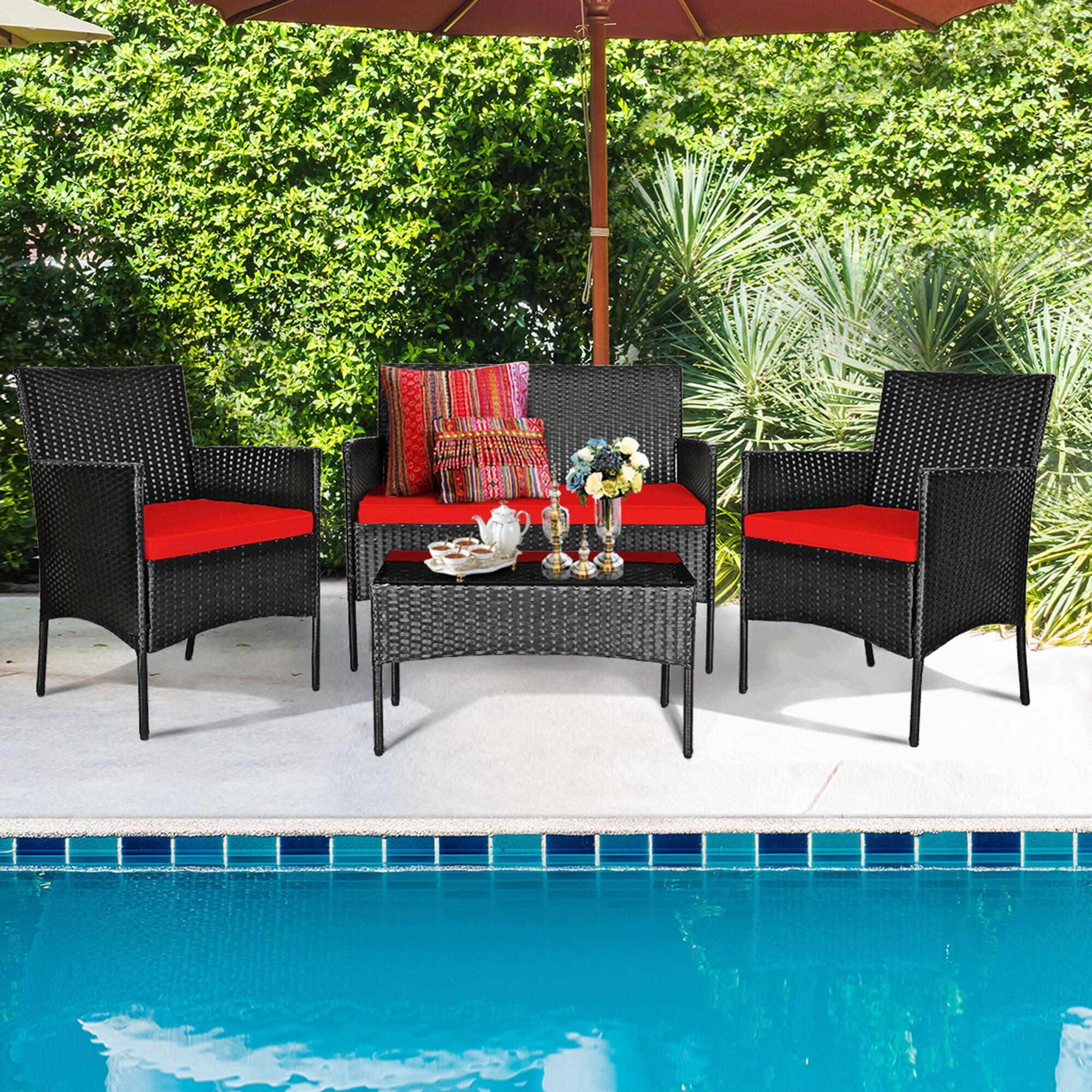 Alt View 4. Gymax - Gymax 8PCS Outdoor Furniture Set Patio Rattan Conversation Set w/ Red Cushion - Red.
